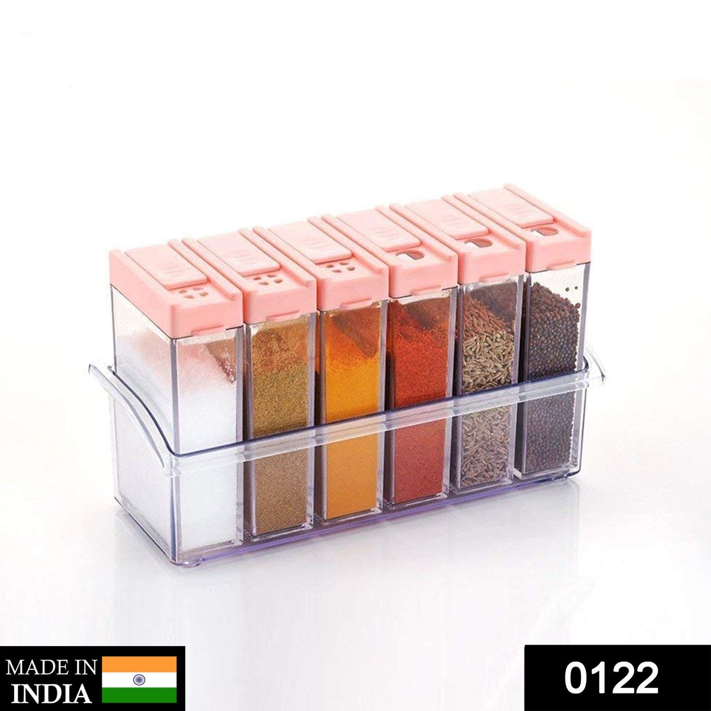 Plastic spice jars in assorted colors, arranged neatly. spice jar set, plastic spice container, airtight cereal dispenser, 6 pcs kitchen storage jars, BPA free spice storage, modular spice box, masala container set