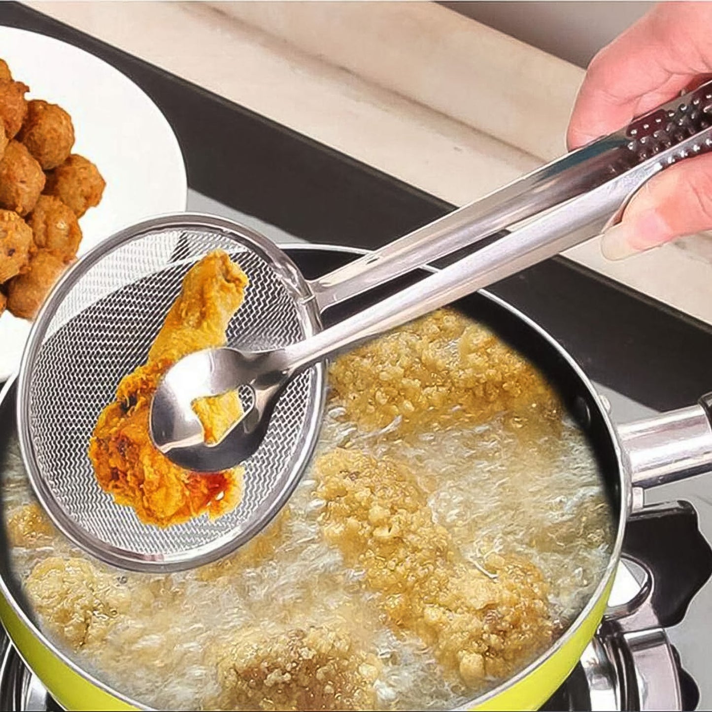 2 in 1 fry tool, stainless steel strainer spoon, cooking tongs with clip, oil filter spoon, BBQ tongs, multi-functional kitchen tool, frying strainer, mesh spoon for frying, food lifter with strainer, stainless steel kitchen tong, Indian kitchen fry tool