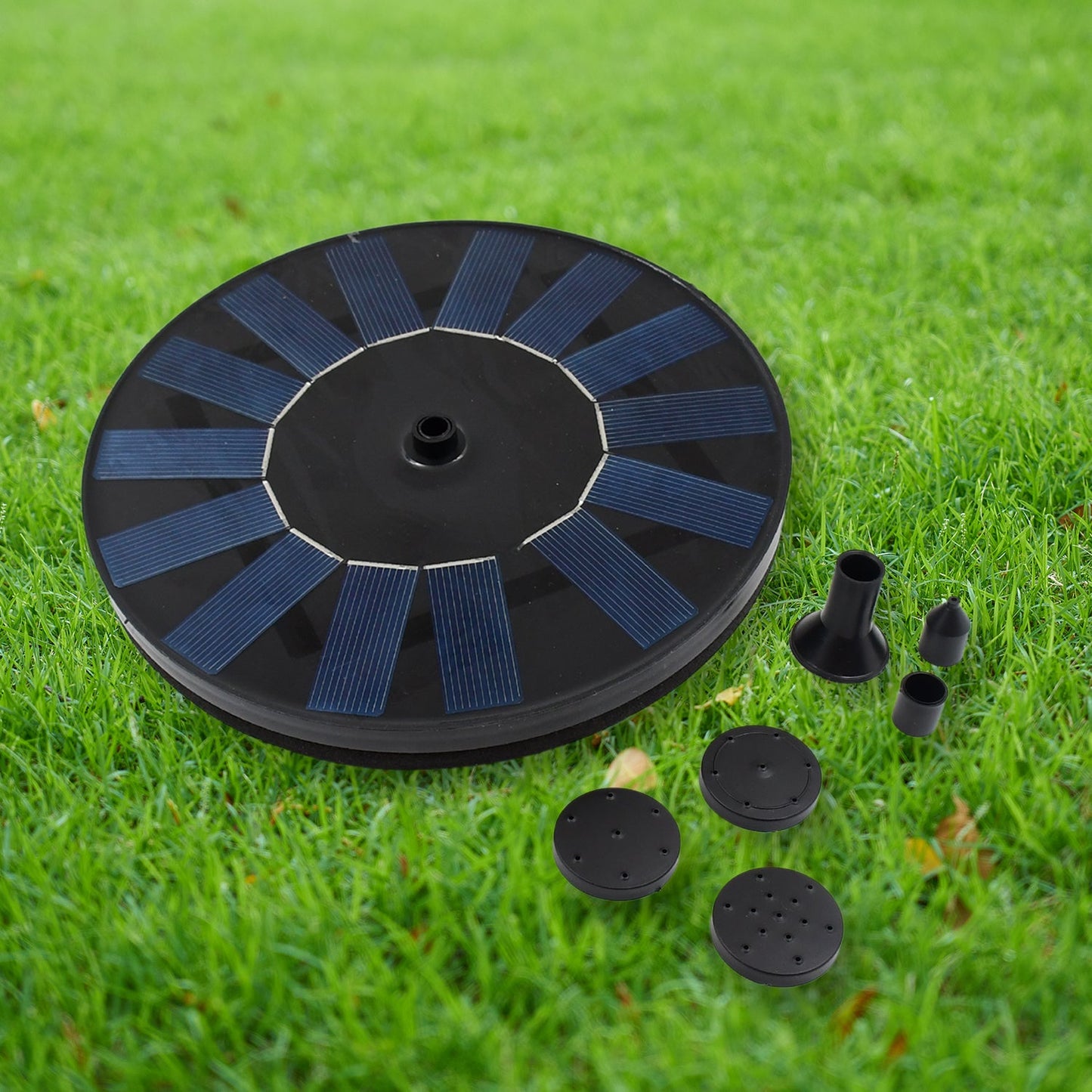 no battery solar fountain for garden water feature, compact solar water fountain for terrace or balcony, solar spray fountain with multiple nozzle heads, water feature fountain with solar panel top, floating solar fountain for garden aesthetics