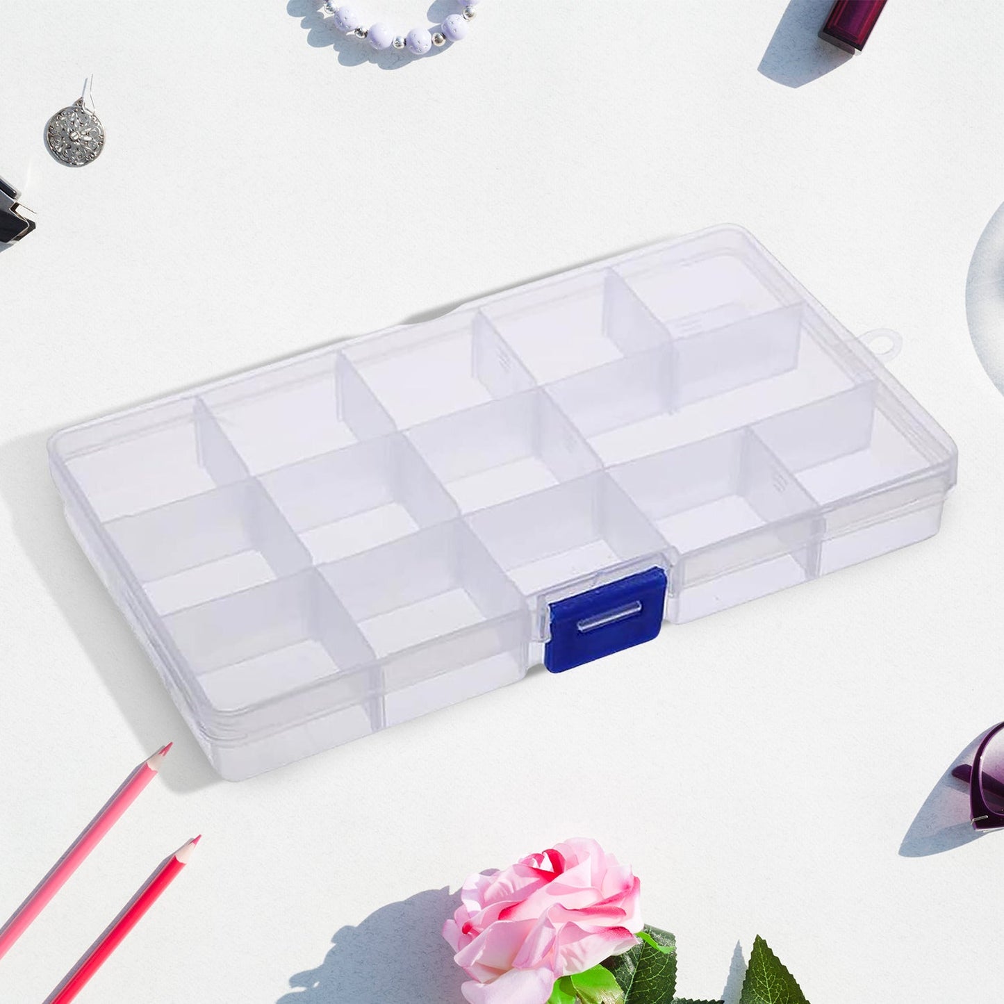 plastic jewelry box with adjustable dividers, jewelry organizer box for beads and small items, clear storage box for accessories and ornaments, portable jewelry case with 15 sections,