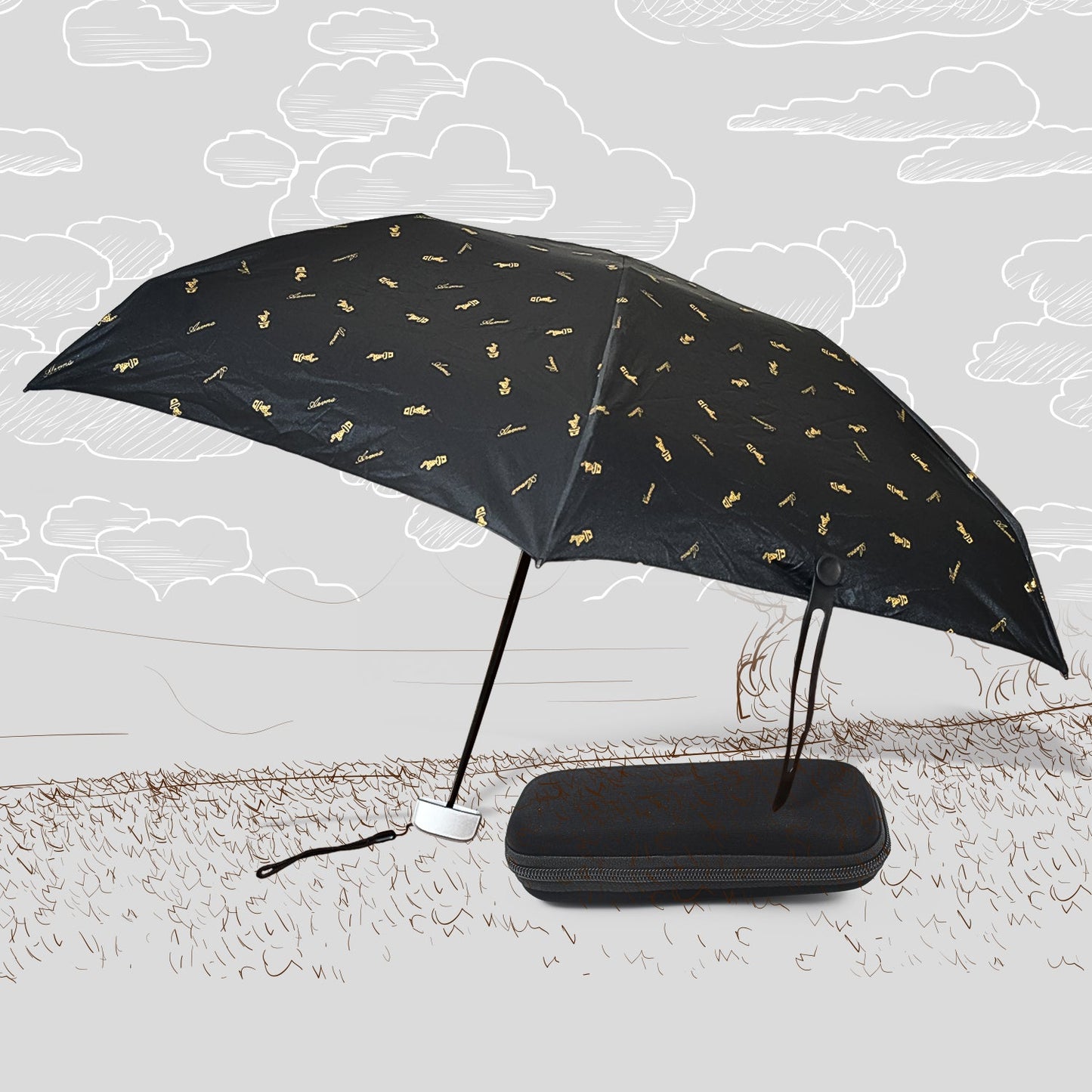 sun and rain umbrella with cute printed design, lightweight umbrella with UV coating India, 3 fold umbrella for girls with compact carry case, windproof and waterproof umbrella with UV layer, colorful UV umbrella for college students, small umbrella for handbag with zip pouch