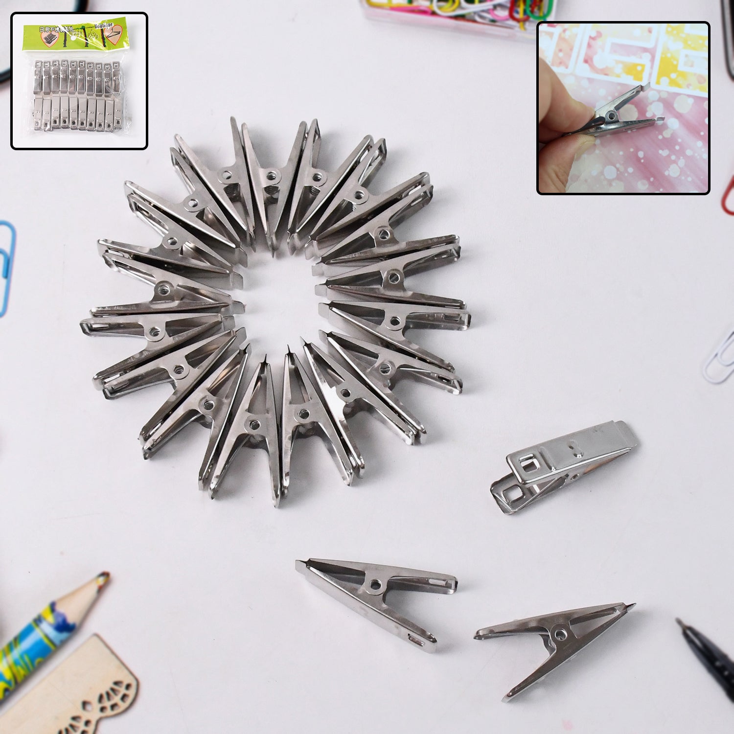 stainless steel cloth drying clips set of 40, rustproof metal cloth pins for balcony use, durable cloth clips for heavy clothes, stainless steel clips for drying clothes, windproof metal cloth pegs for outdoor use, reusable steel cloth pins for daily laundry, shining stainless steel drying clips for home use, anti-slip cloth clips for wires and hangers, multipurpose metal cloth clips for clothesline, strong stainless steel cloth pins for washing line