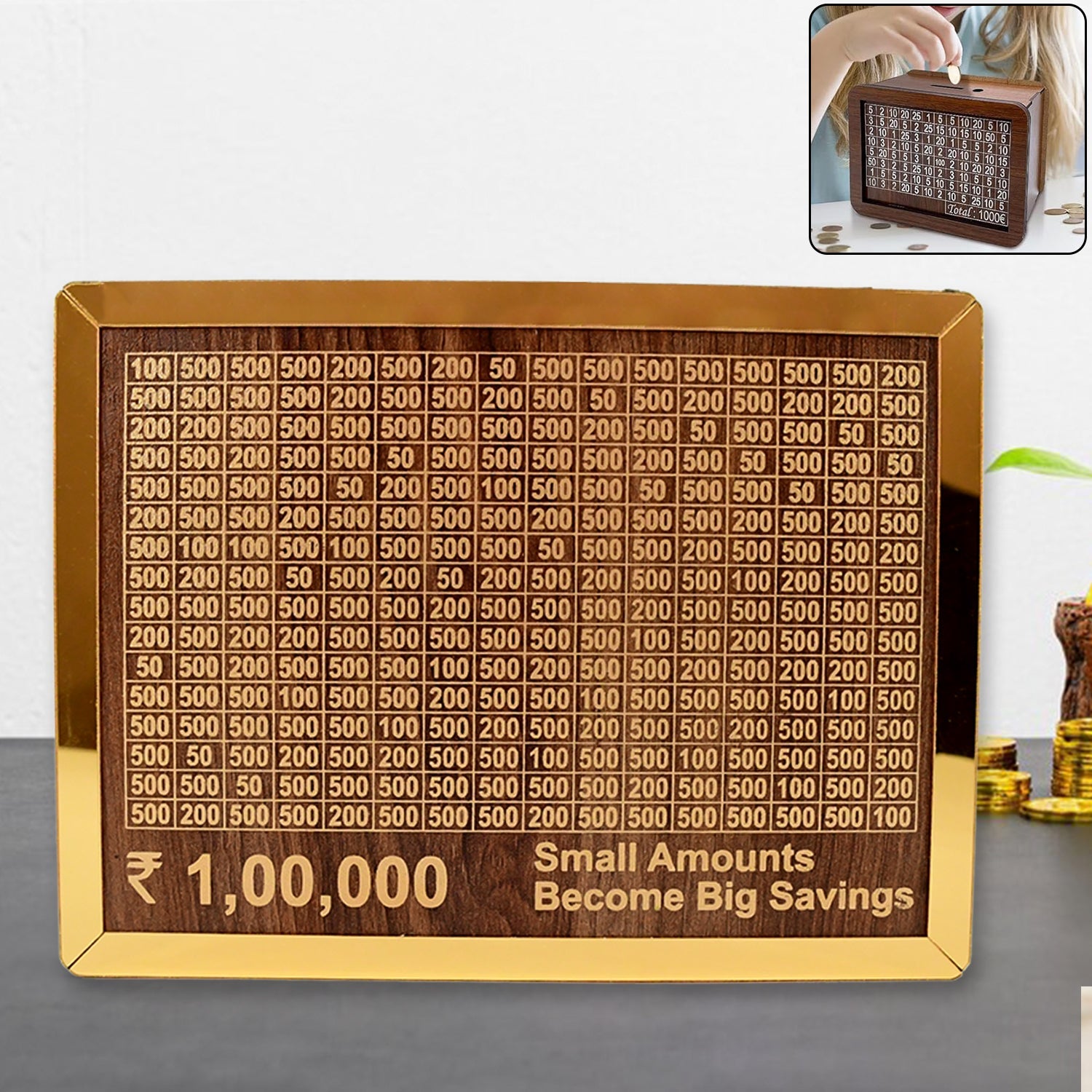 wooden money box piggy bank with goal tracker, savings challenge piggy bank for adults and kids, wooden coin box with transparent front for goal tracking, stylish wooden savings box for home décor, piggy bank with savings goal chart for motivation,