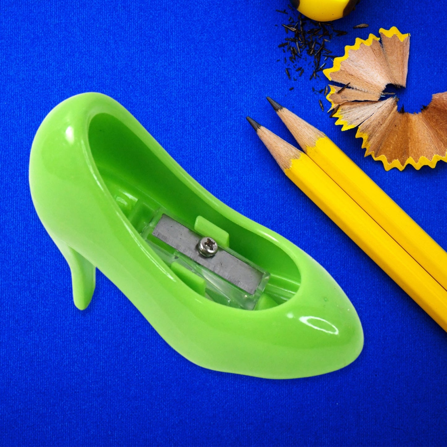 high heels shape pencil sharpener set of 4, colorful novelty pencil sharpeners for kids, stylish pencil sharpener in shoe design, fun high heel shaped sharpener for school use,