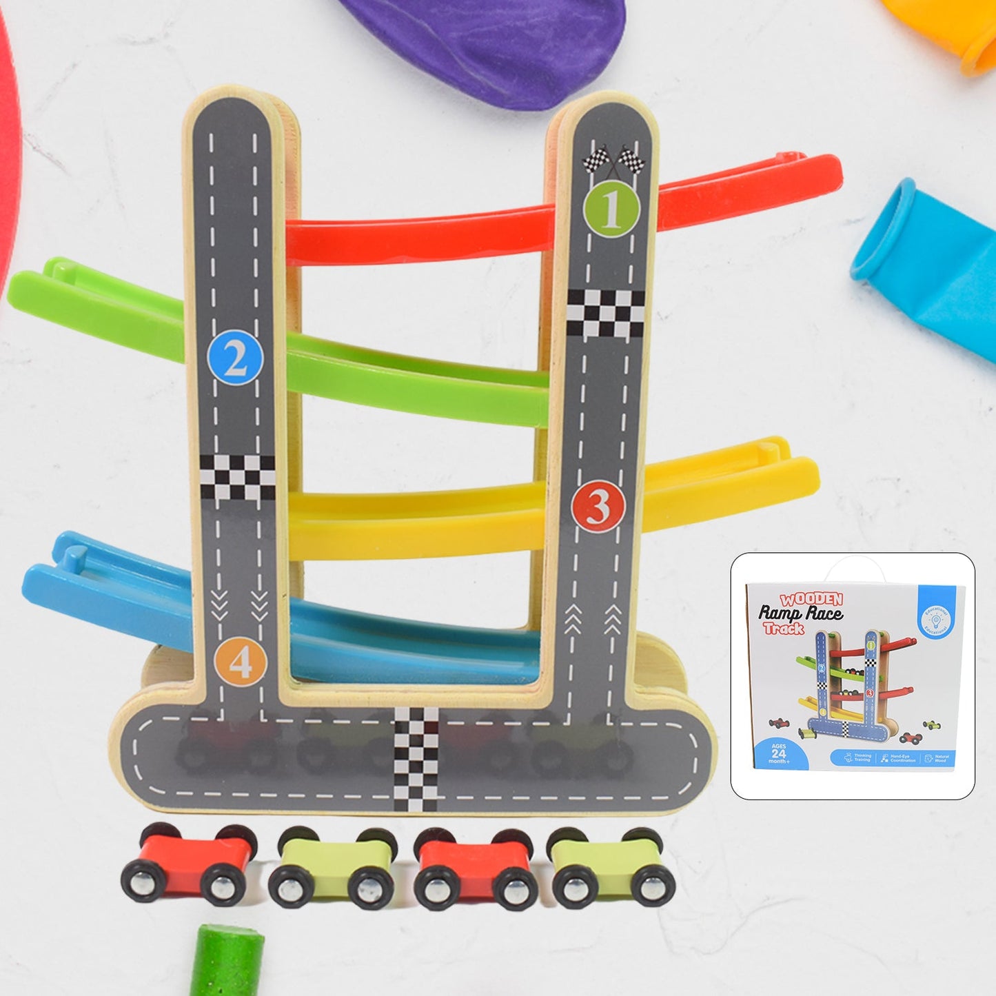 wooden car racer track play set for kids, click clack toy race track with 4 mini cars, wooden car ramp toy for toddlers, colorful race track toy for boys and girls,