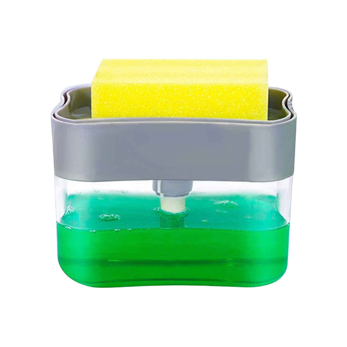Modern soap dispenser with sponge storage feature. kitchen soap dispenser, sponge holder, 2-in-1 soap caddy, dishwashing soap pump, sink soap dispenser, soap dispenser with tray, kitchen sink organizer