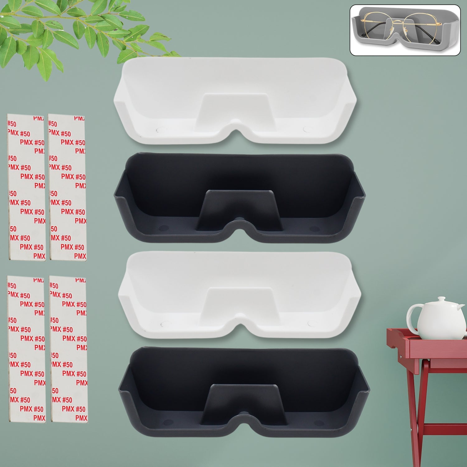 wall mounted sunglasses holder with adhesive backing, 4 pc eyewear organizer set for home and office, self-adhesive glasses holder for wall and closet use,