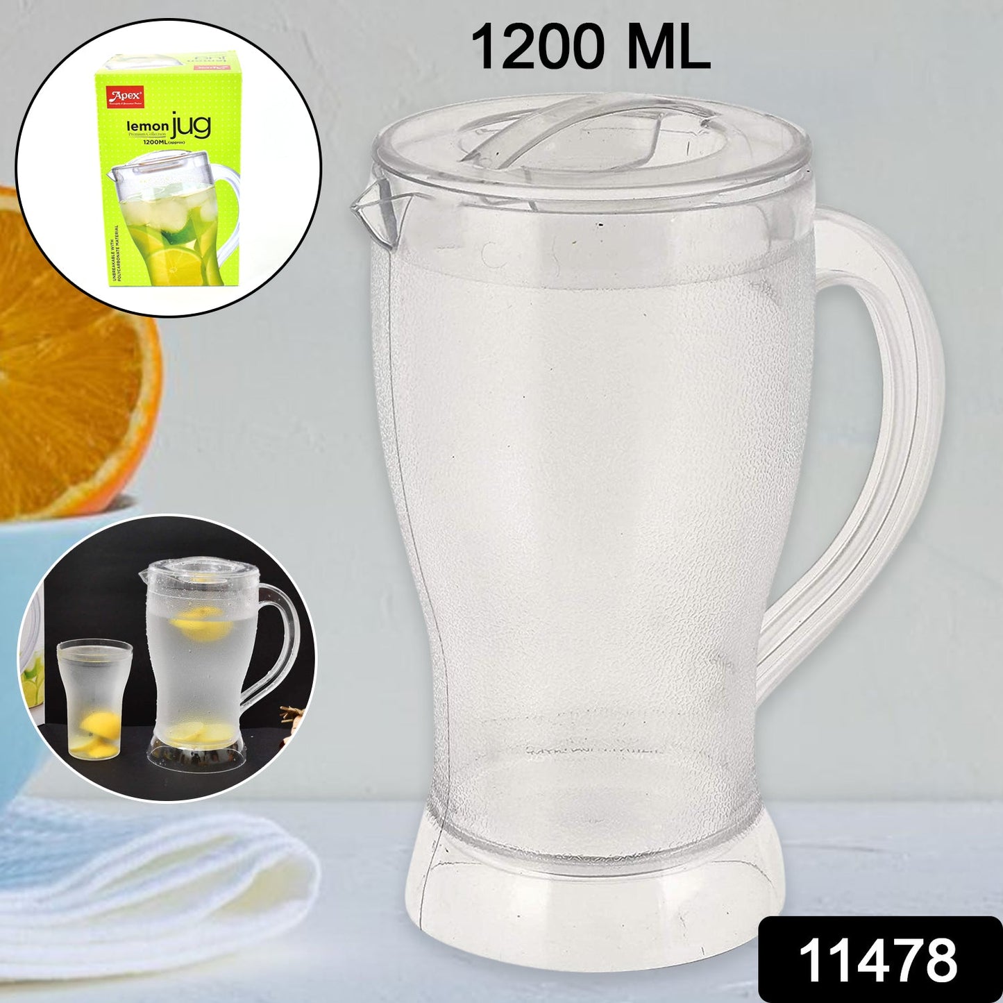 stylish transparent polycarbonate lemon jug, large capacity juice pitcher for family use, durable unbreakable pitcher with easy grip handle, Apex 1200ml jug for serving cold beverages, leak-proof plastic jug with lid for water and juice