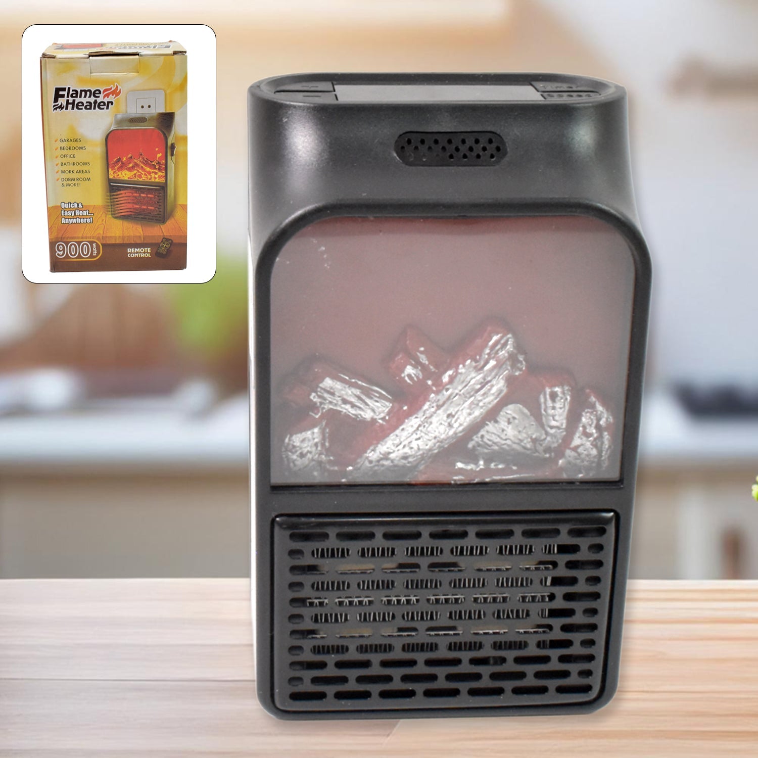 portable electric fireplace lamp with LED flame, 900W electric heater with fireplace effect, compact flame heater for home and office, LED flame electric fireplace lamp for winter,