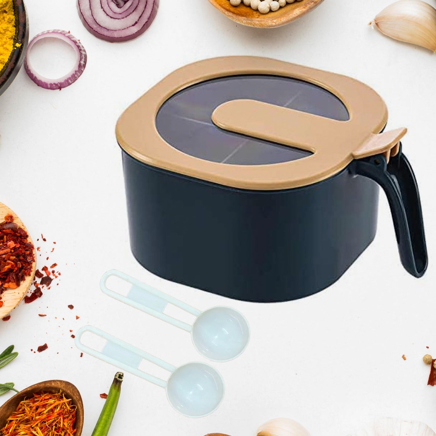 masala box 4 section, spice container for kitchen, plastic masala dani, fancy masala box, kitchen spice organizer, compact masala storage box