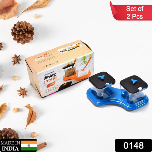 2 pcs spice tray with spoons, virgin plastic kitchen storage containers, serving jars for salt pepper sauces, chutney and masala jars, mukhwas and achar storage containers, plastic spice jars with spoons set, dining table condiment holders India, kitchen storage tray for pickles and spices, multipurpose serving jars with lids