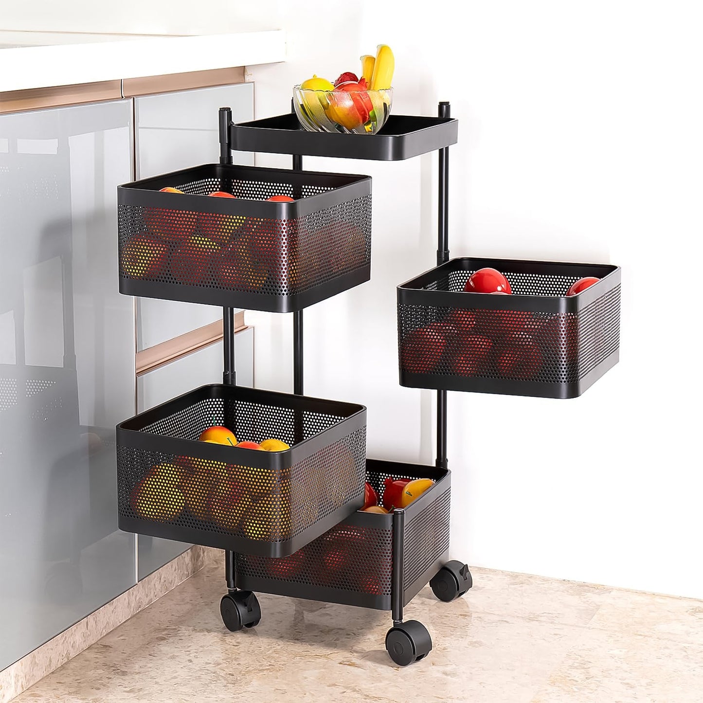 metal square kitchen trolley with 4 shelves and wheels, heavy duty kitchen storage trolley for home use, mobile organizer trolley with metal frame and castor wheels,