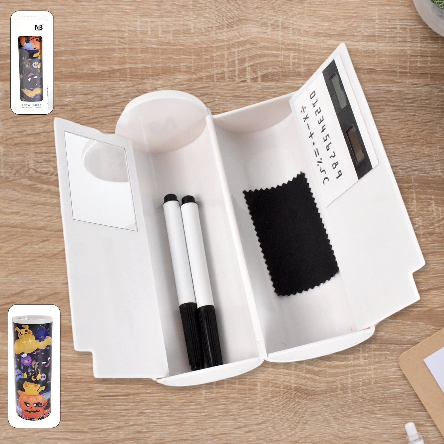 fancy double sided pencil box with mirror and calculator, multifunctional pencil case with multiple compartments, kids pencil box with built-in mirror and calculator,