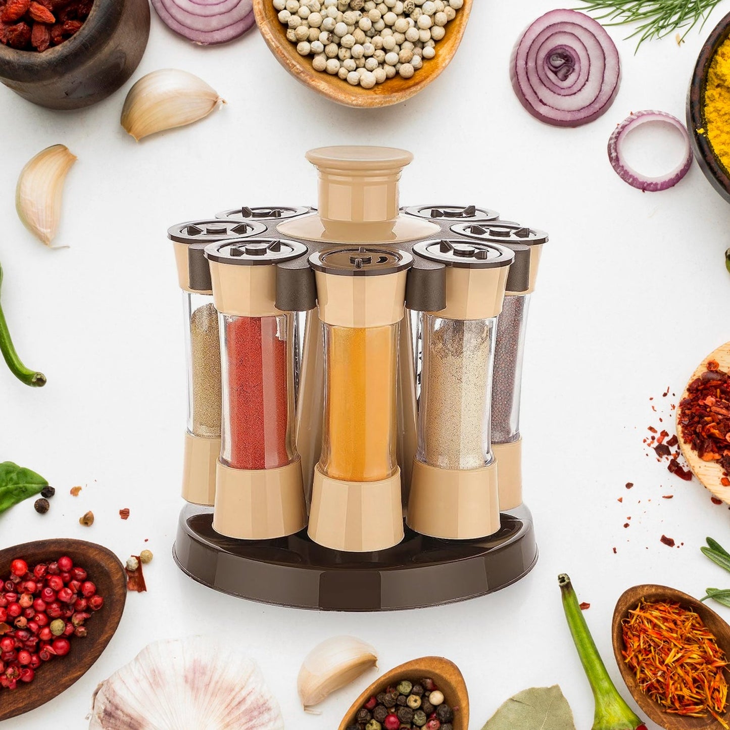 360 revolving spice rack 8 jar kitchen organizer, rotating masala jar rack for dining table, compact plastic spice rack with 120 ml jars,