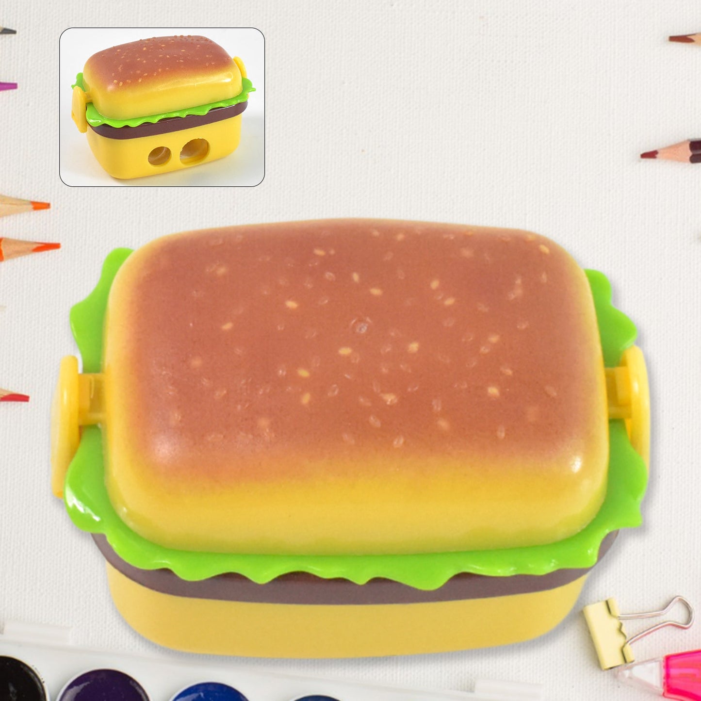 kids sharpener set, burger pencil sharpener, novelty pencil sharpener, sharpener with dual holes, eraser combo set,