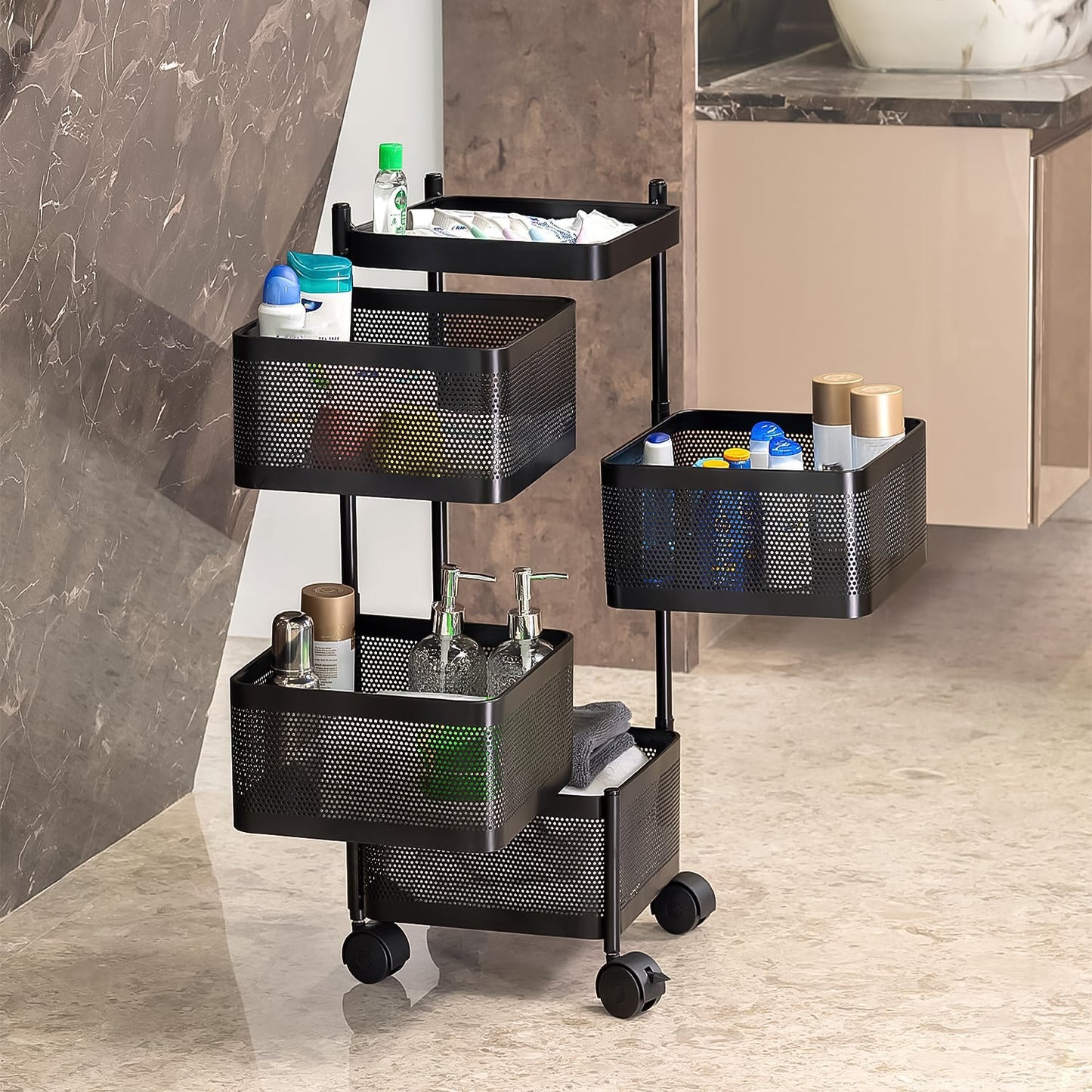 sturdy kitchen trolley for daily storage and movement, space saving kitchen organizer trolley with rolling wheels, multipurpose metal rack for kitchen and dining storage,