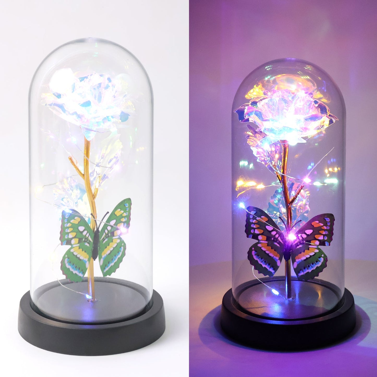 battery operated rose lamp for gifting, beautiful rose dome light with butterfly for decoration,