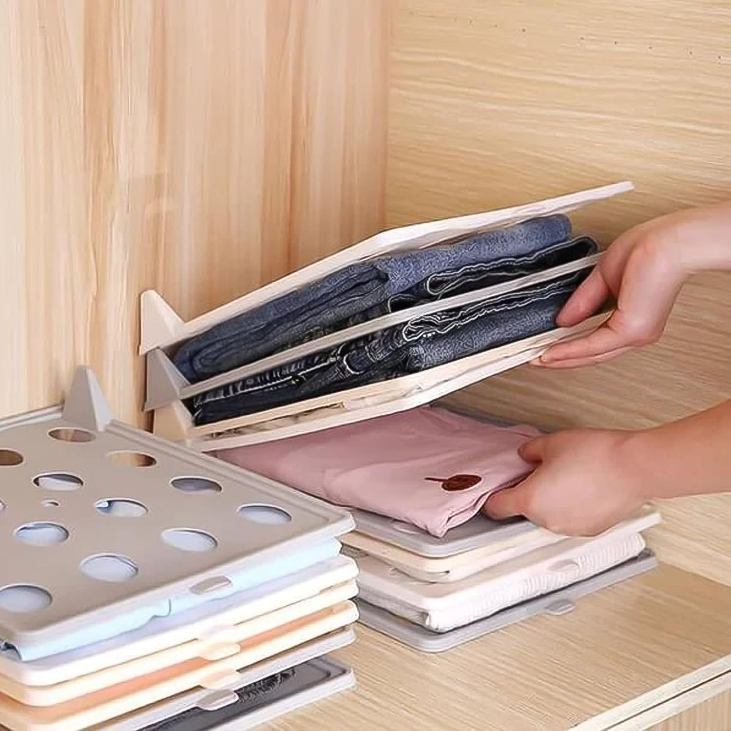 laundry folding board plastic organizer tray, stackable shirt folding board 32x26 cm, wardrobe clothes organizing tray reusable folding board, durable pp clothes folder for shirts, compact laundry organizer tray for drawers