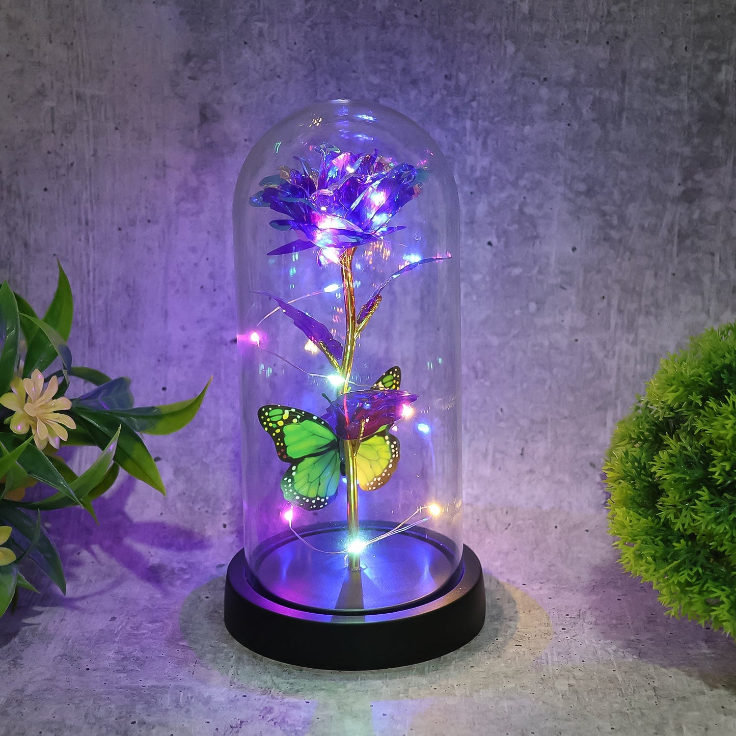romantic LED preserved rose night lamp with colorful butterfly, best gift for girlfriend LED rose dome lamp, glowing preserved flower lamp for bedroom decor, Valentine’s Day LED rose lamp in glass dome, unique LED dome light with butterfly design,