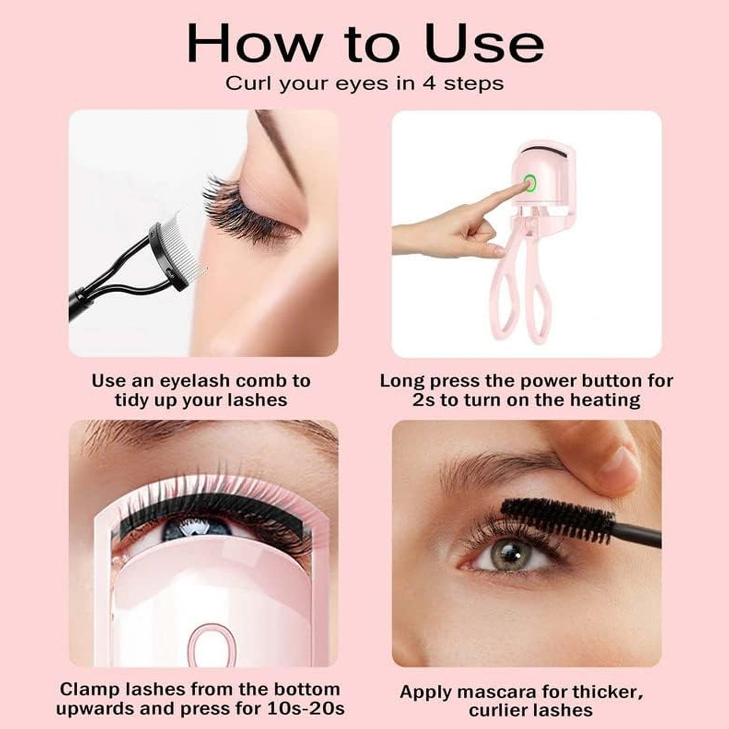 heated eyelash curler, electric eyelash curler, USB eyelash curler, battery operated eyelash curler, lash curler for women, portable eyelash curler, beauty tools for eyelashes, electric lash curler