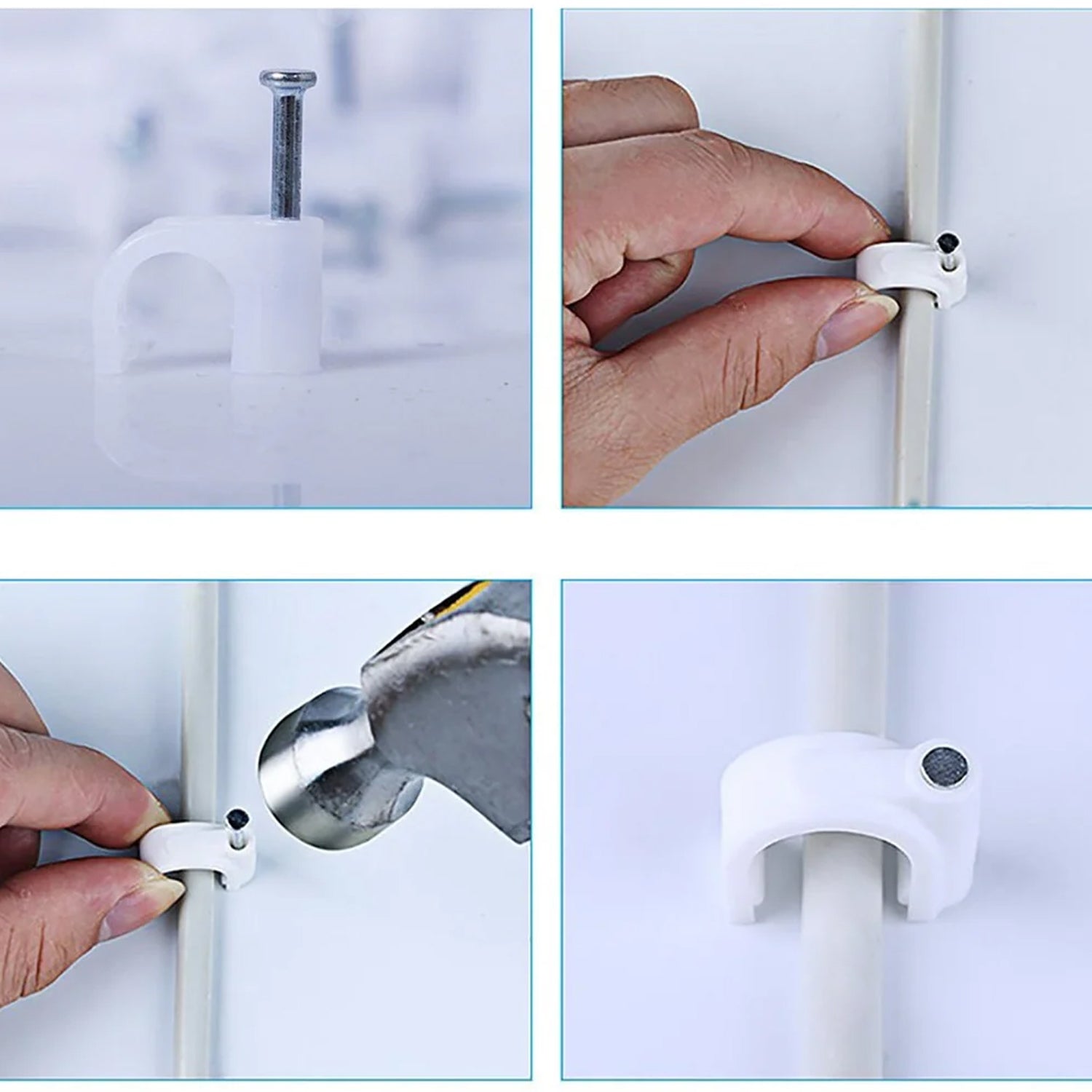 plastic cable organizer clips with pre-inserted nails, cable management clips for TV and computer wires, white round wire clips with nail for secure mounting, nail mounted plastic cable holders for professional installations, heavy-duty wire clips with steel pins for permanent cable fixing, easy to install plastic clips for electrical and internet cables