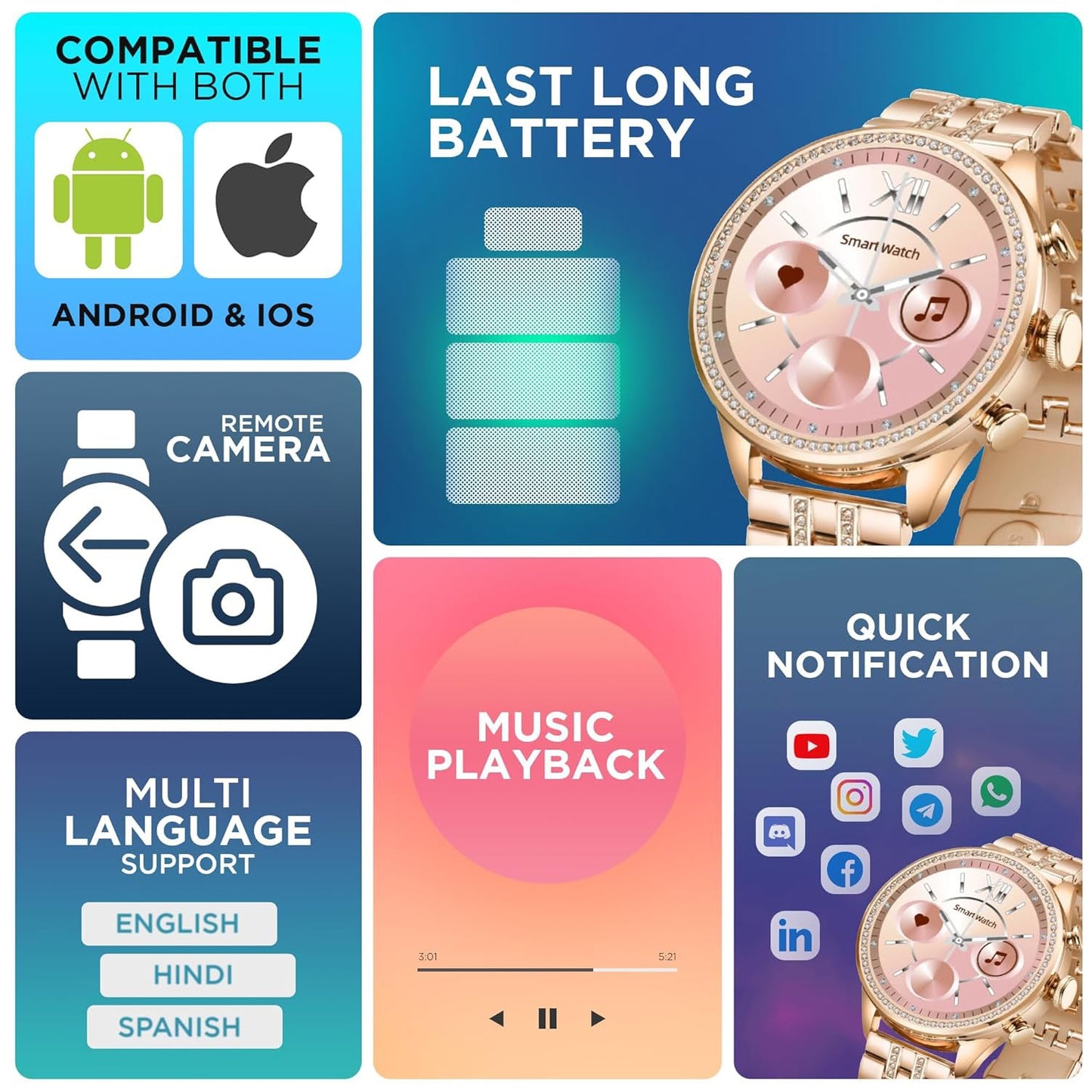 stylish smartwatch for women with dual straps, smartwatch for girls with metal strap and HD screen,