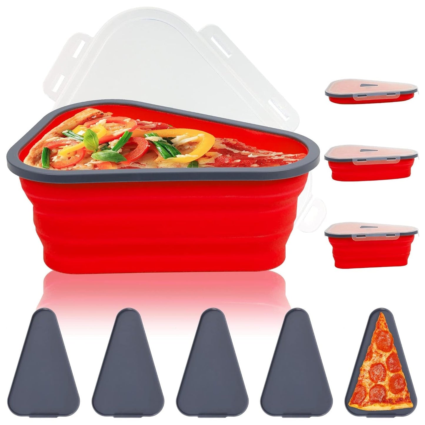 expandable pizza storage container, reusable pizza container with stackable trays, microwave-safe pizza storage box, adjustable pizza slice holder,