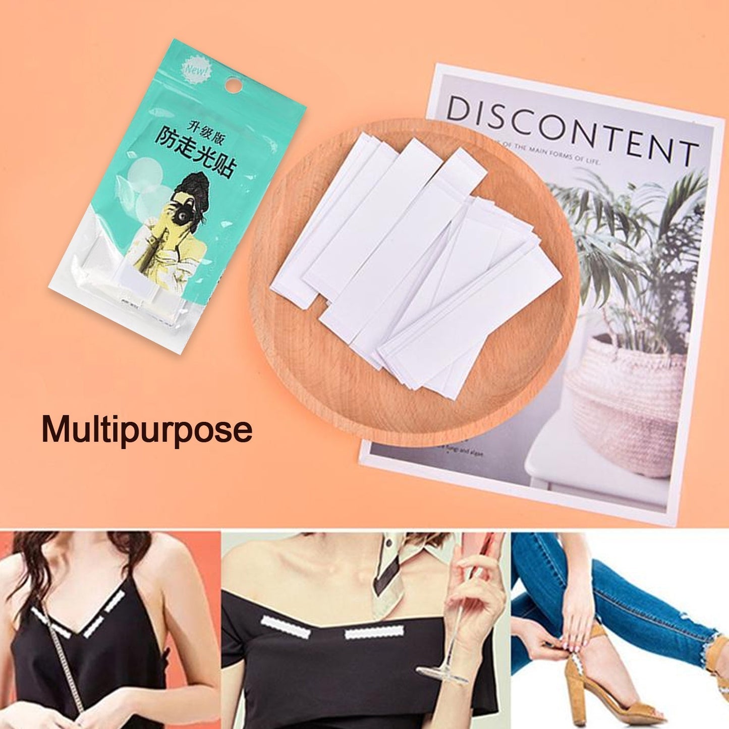 Transparent double-sided medical tape, anti-skid and disposable, for lingerie use. transparent body tape, double sided fashion tape, lingerie tape, saree blouse tape, anti-skid body adhesive, fashion fix tape, wardrobe malfunction tape