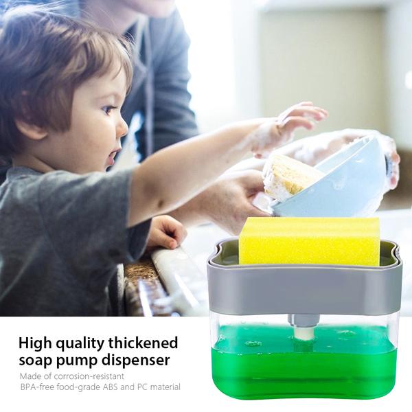 Soap dispenser with attached sponge holder. kitchen soap dispenser, sponge holder, 2-in-1 soap caddy, dishwashing soap pump, sink soap dispenser, soap dispenser with tray, kitchen sink organizer