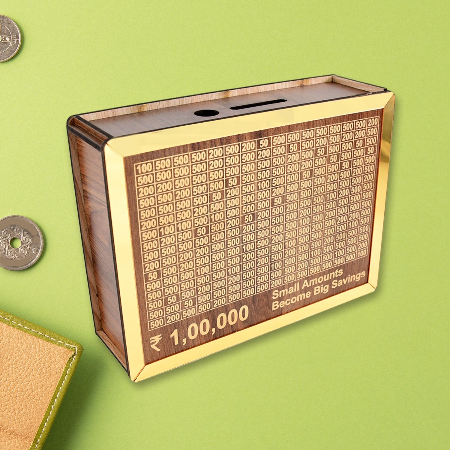 premium wooden money saving box with tracker, cute piggy bank with savings goal window, wooden coin collection box for financial habits