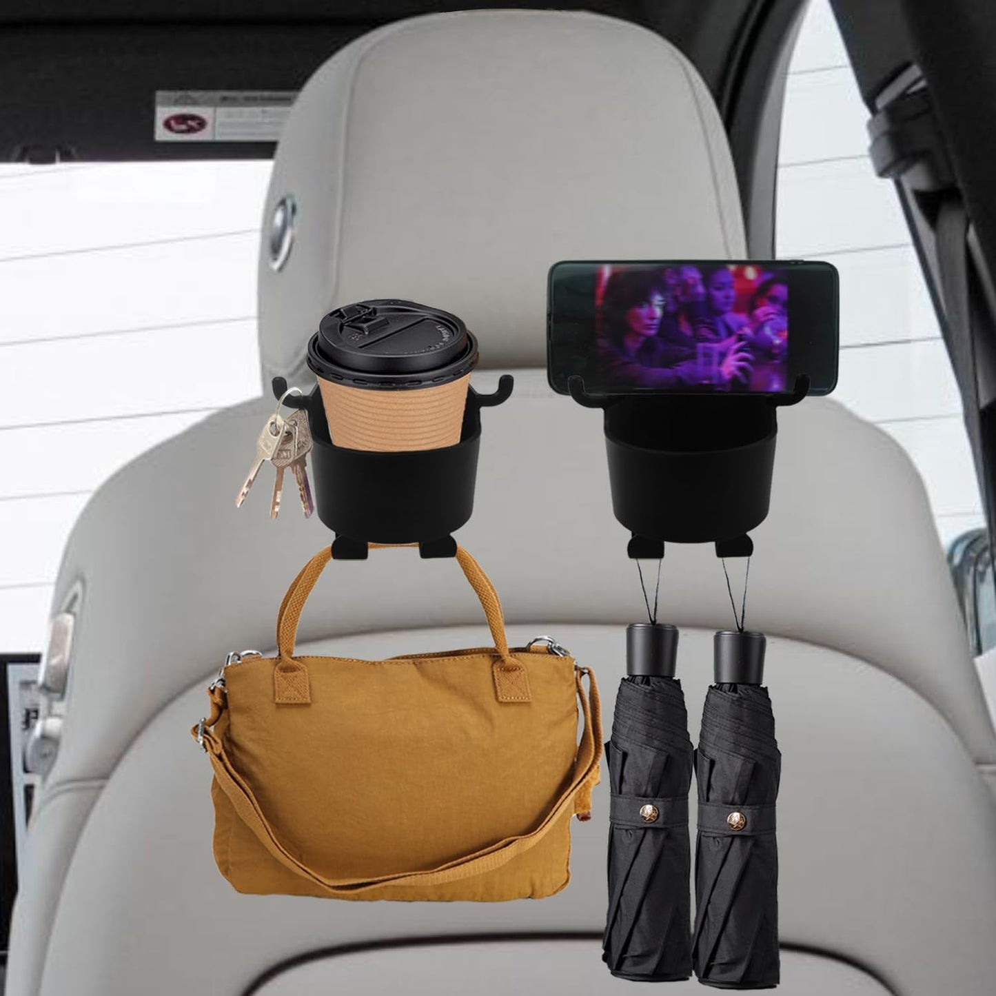 best car back seat accessories India, car cup holder and phone mount for rear passengers, universal car backrest organizer with hooks,