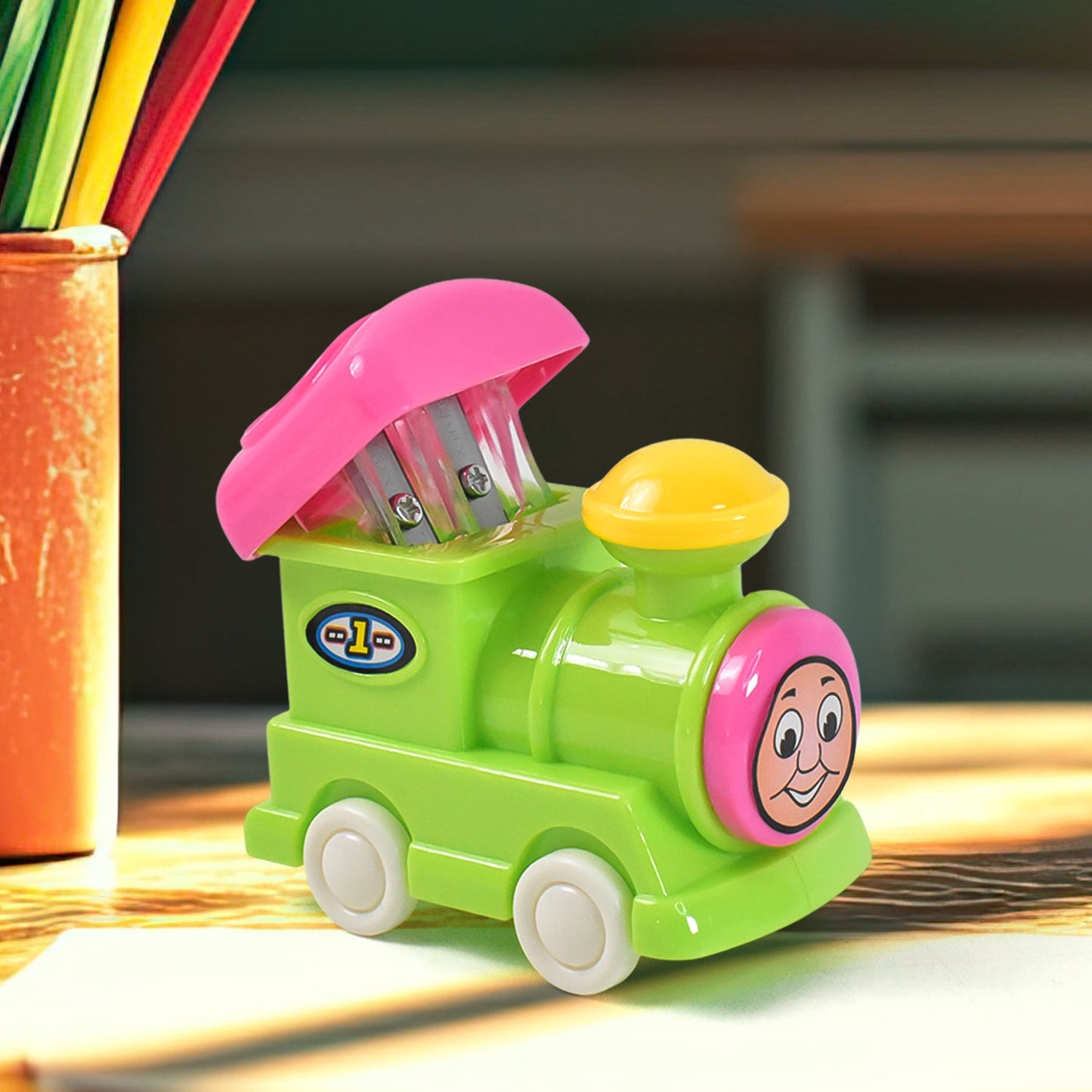 sharpener for children with cartoon design, 2 piece train stationery sharpener set for school use