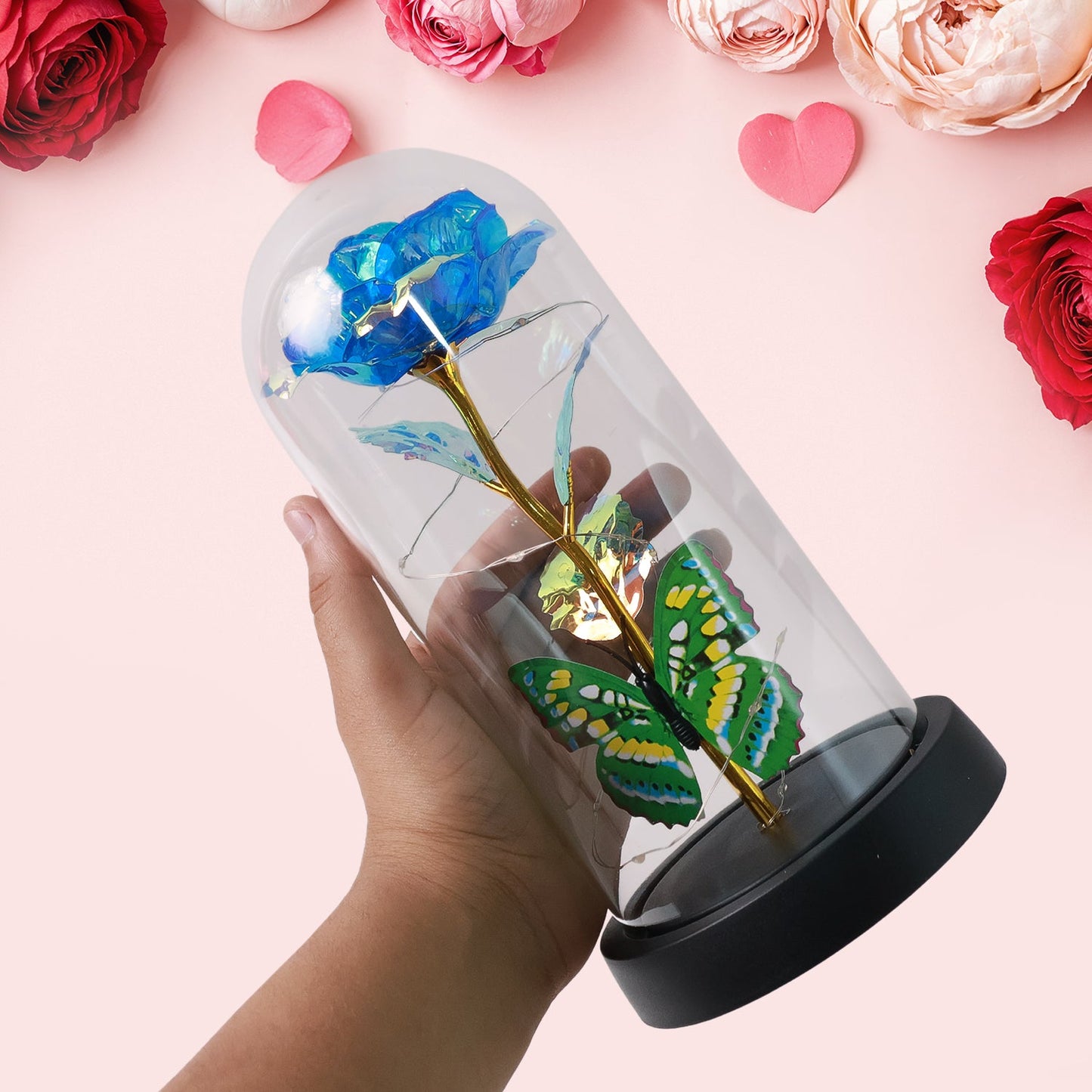 rose lamp with color changing LEDs, LED flower lamp for bedroom, romantic gift light for girlfriend, artificial rose light for anniversary gift, battery powered rose light India,