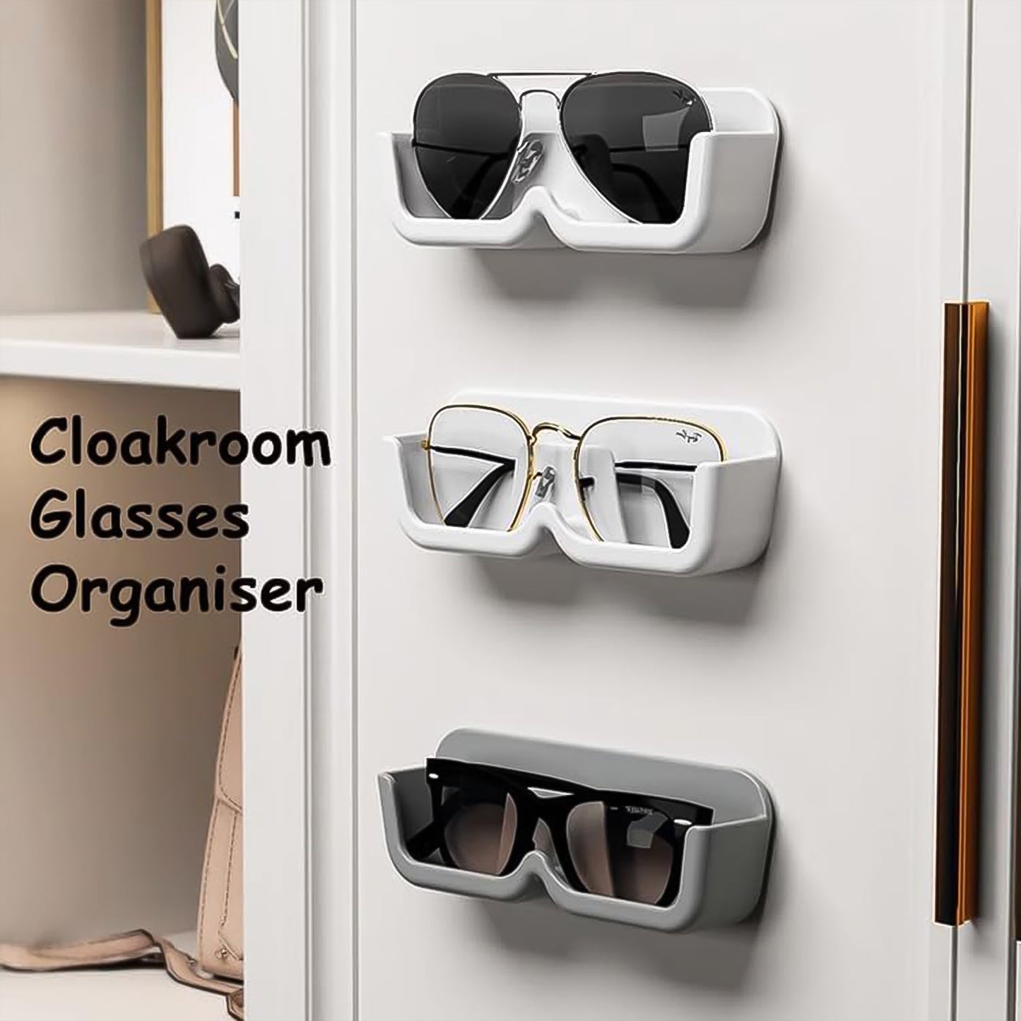 sunglass display rack for daily storage, compact wall hanging sunglass organizer hooks, adhesive wall-mounted holder for sunglasses and specs
