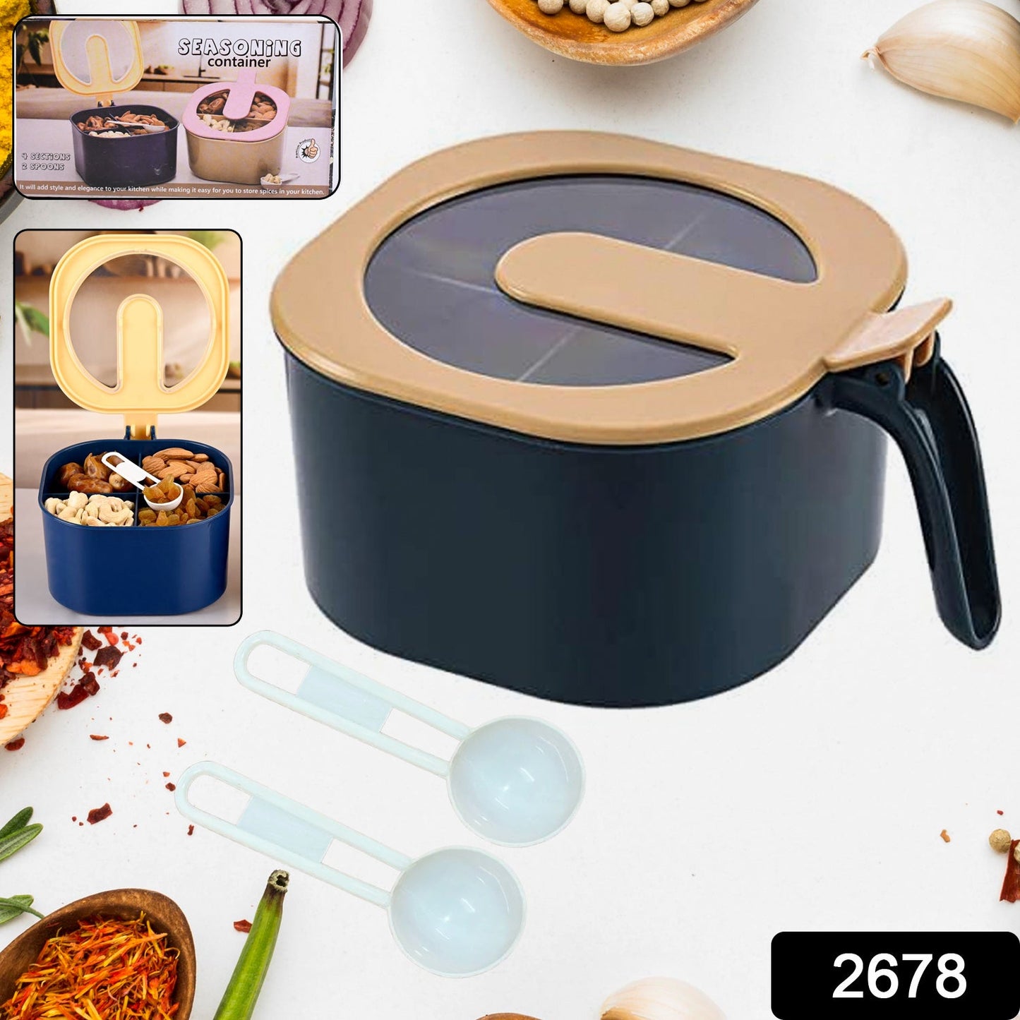masala box 4 section, spice container for kitchen, plastic masala dani, fancy masala box, kitchen spice organizer, compact masala storage box