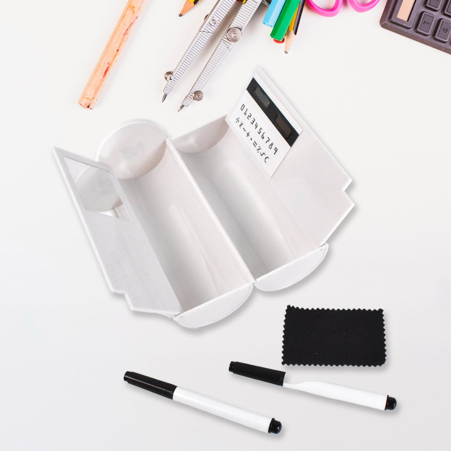 fancy pencil box for kids, double sided pencil box with calculator, pencil case with mirror and compartments, kids pencil box with multi functions,