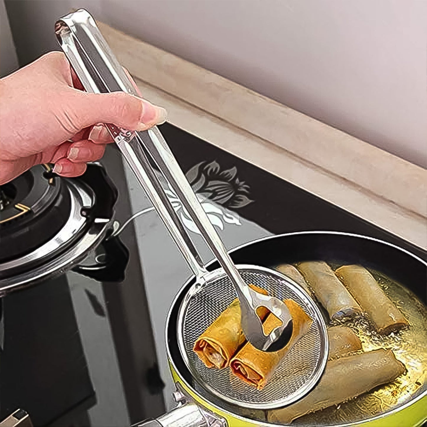 2 in 1 fry tool, stainless steel strainer spoon, cooking tongs with clip, oil filter spoon, BBQ tongs, multi-functional kitchen tool, frying strainer, mesh spoon for frying, food lifter with strainer, stainless steel kitchen tong, Indian kitchen fry tool