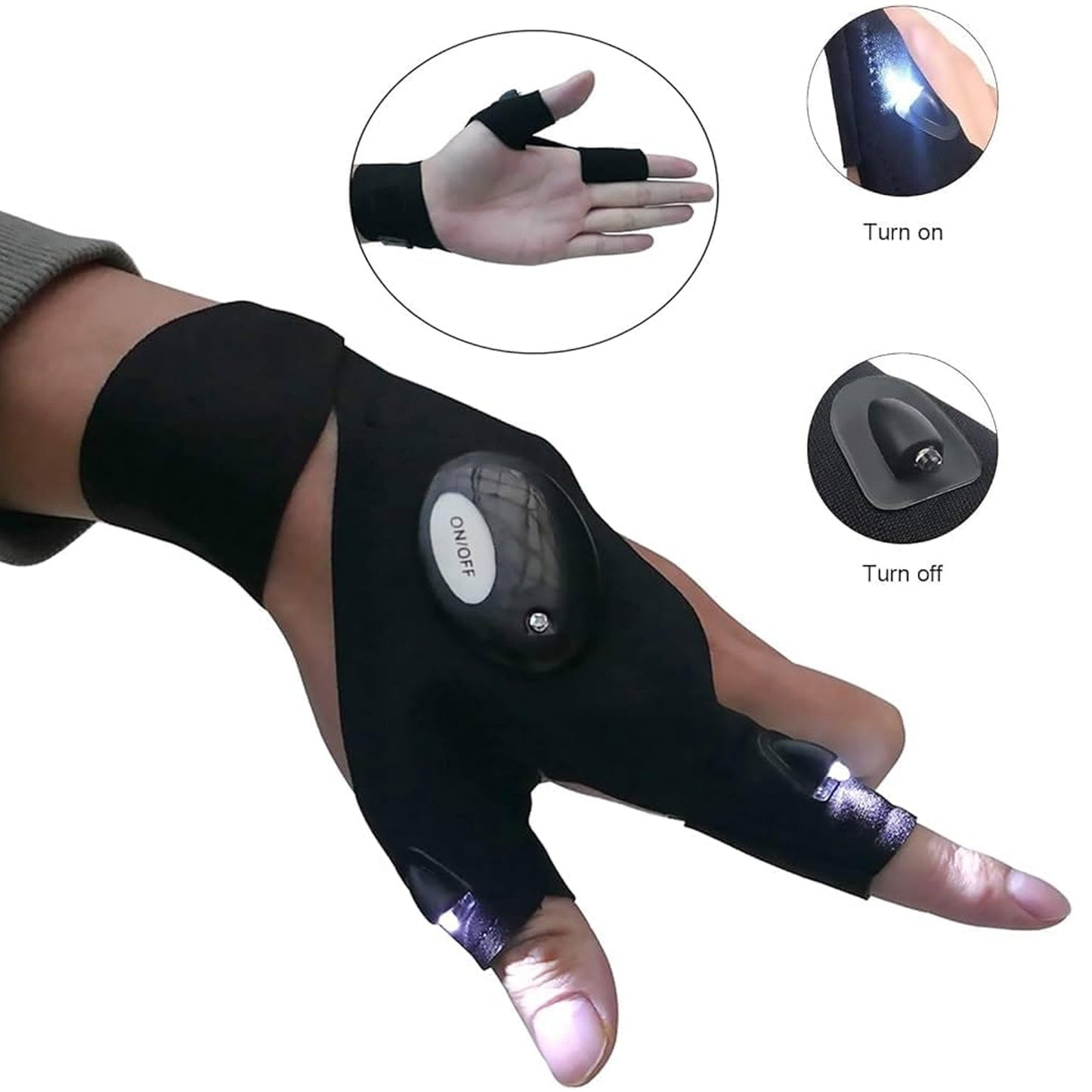 black LED gloves for hands-free illumination, finger-mounted LED light gloves, outdoor work gloves with torchlight, multifunction LED gloves for fishing and cycling