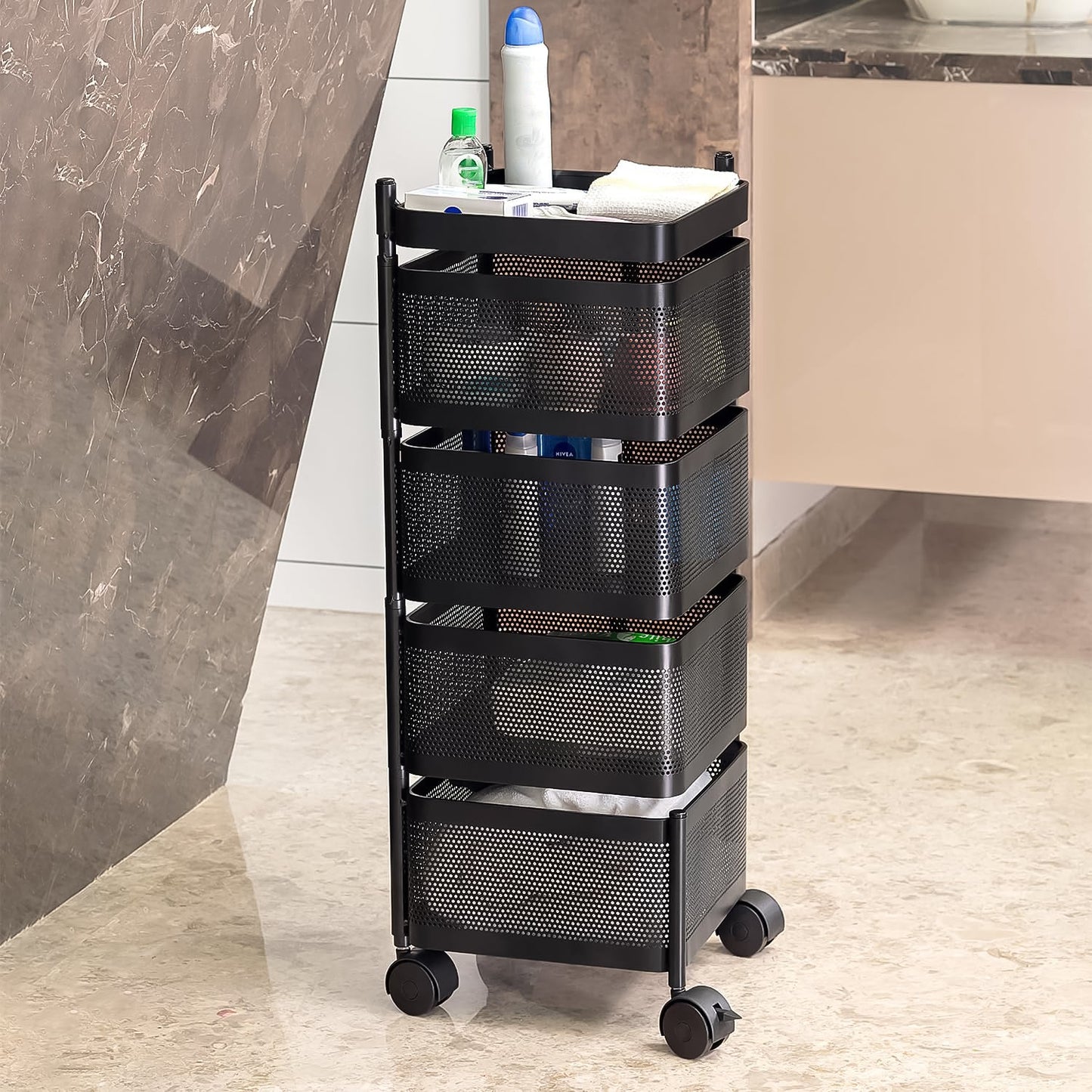 mobile storage solution for fruits vegetables and utensils, durable kitchen utility cart with 4 layers and easy mobility