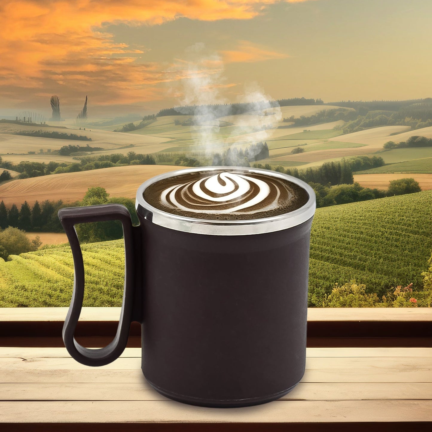 200 ml double-wall stainless steel coffee mug with lid and handle, plastic-covered insulated coffee mug travel size India, compact hot-cold beverage mug 200 ml snap-on lid, insulated coffee mug for office car travel, stainless steel travel coffee mug with secure lid handle