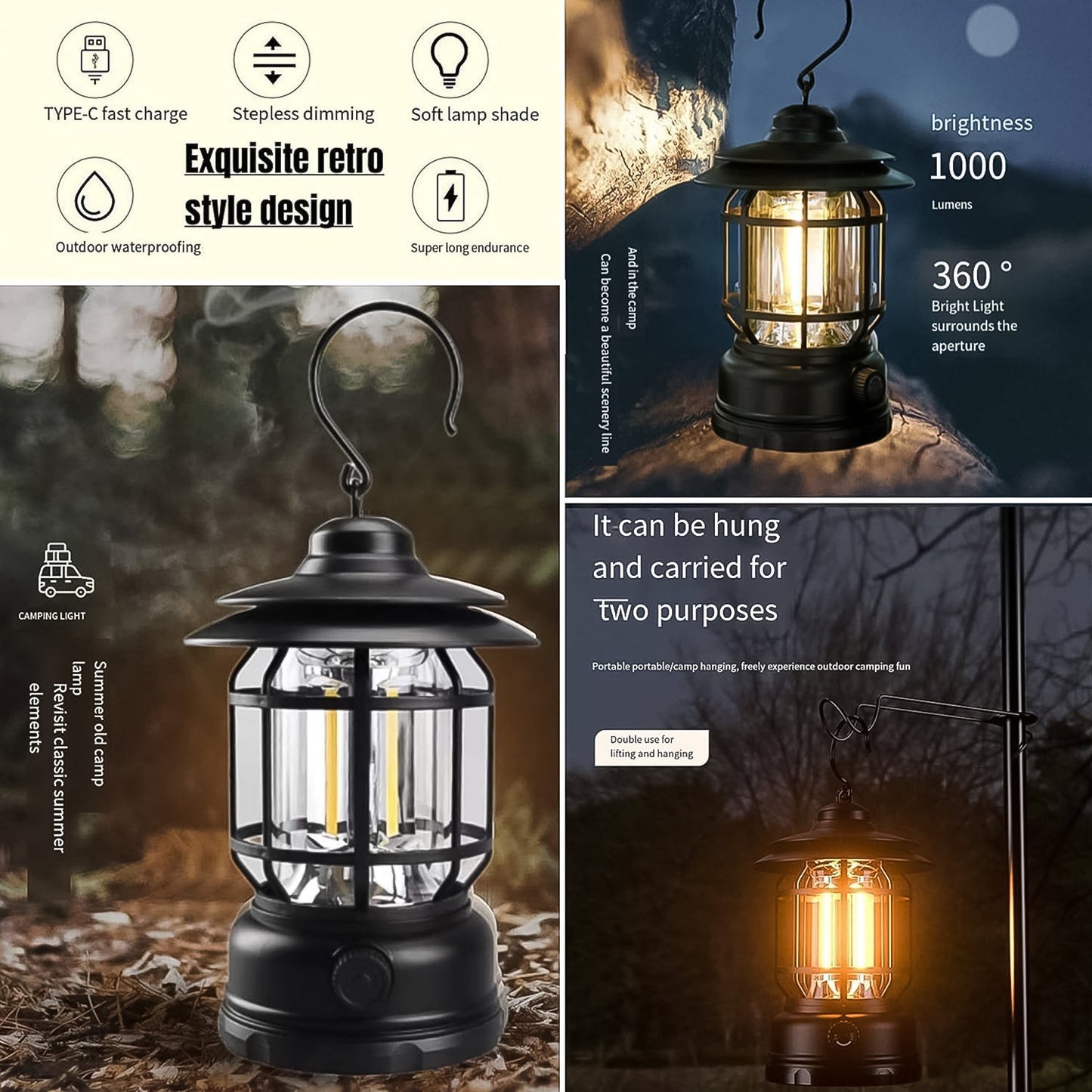 vintage style LED battery lamp for tents, portable Type-C rechargeable light for hiking, emergency light lantern with rechargeable battery,
