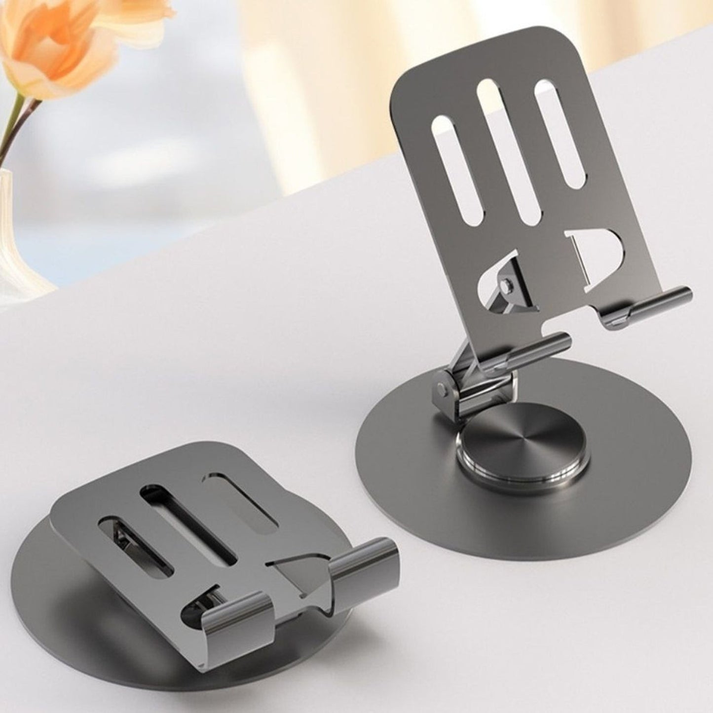 best foldable metal mobile stand set of 2 in India, aluminium mobile holder with 360 degree rotation for hands-free use, compact foldable phone stand for online meetings and calls, adjustable angle phone holder for home and office desk,