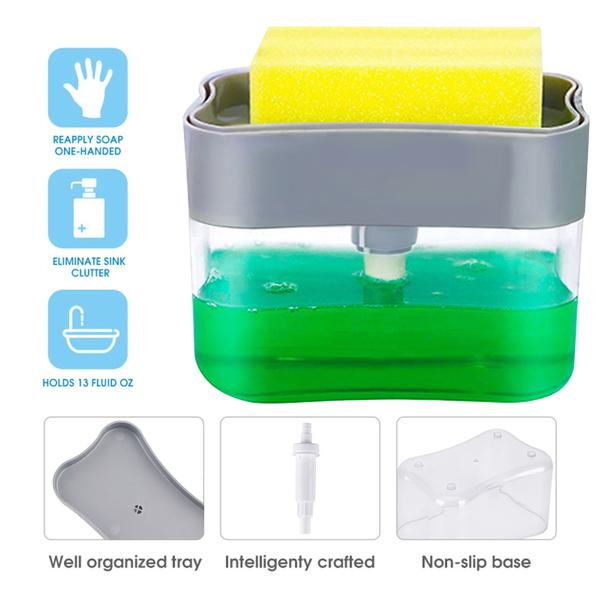 Soap dispenser with sponge holder in various angles. kitchen soap dispenser, sponge holder, 2-in-1 soap caddy, dishwashing soap pump, sink soap dispenser, soap dispenser with tray, kitchen sink organizer