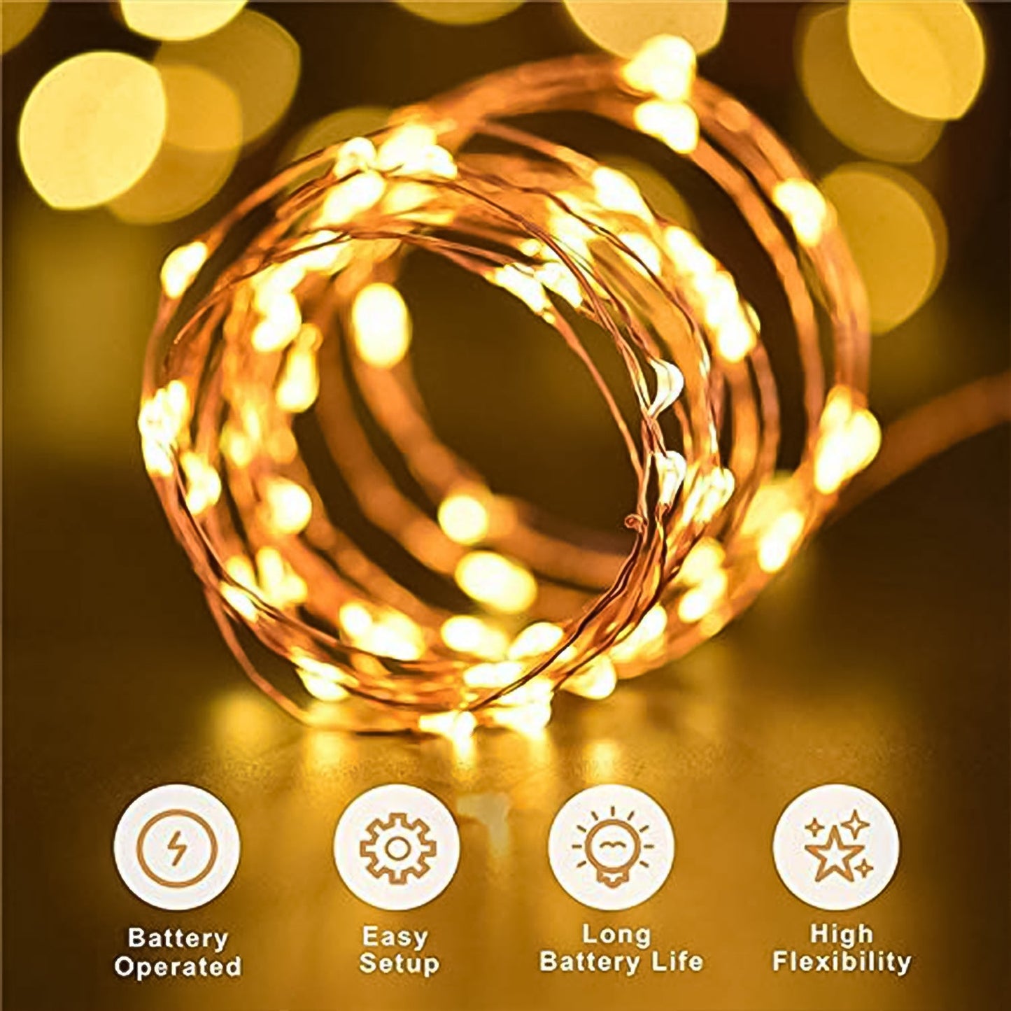 best battery operated LED party lights 4 pack in India, waterproof flexible LED lights for outdoor decoration, 2 AA battery powered LED string lights for home, mini LED wire lights for festive decoration in India, battery operated fairy lights for Diwali and events,