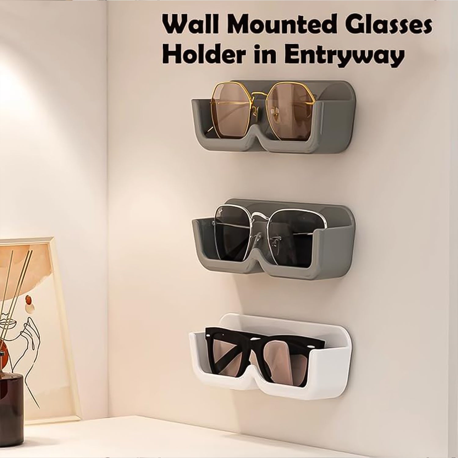 sunglasses holder, eyewear organizer, wall mount sunglasses stand, adhesive glasses hooks, sunglass hanger for wall, sunglasses display rack, wall storage for eyewear