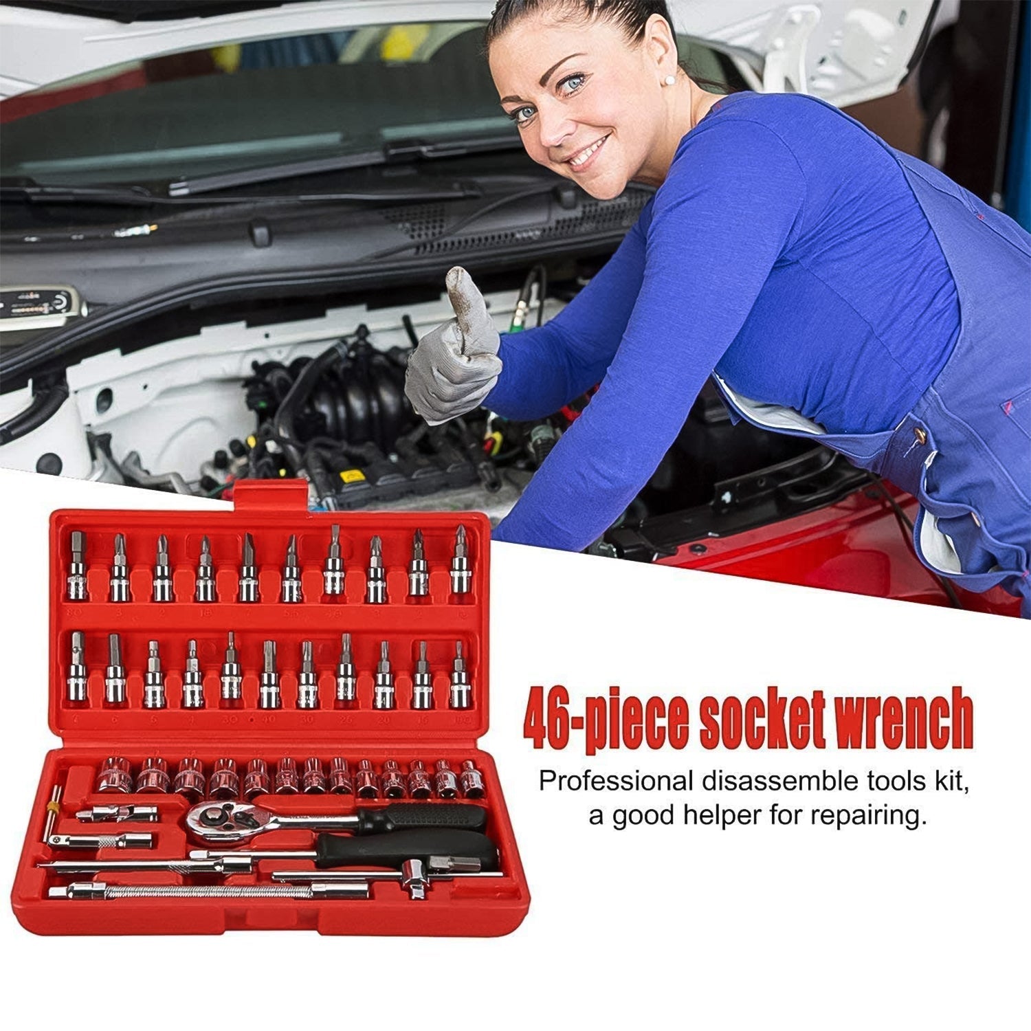 red color multipurpose tool kit for vehicle and home, compact socket set for garage and home use,