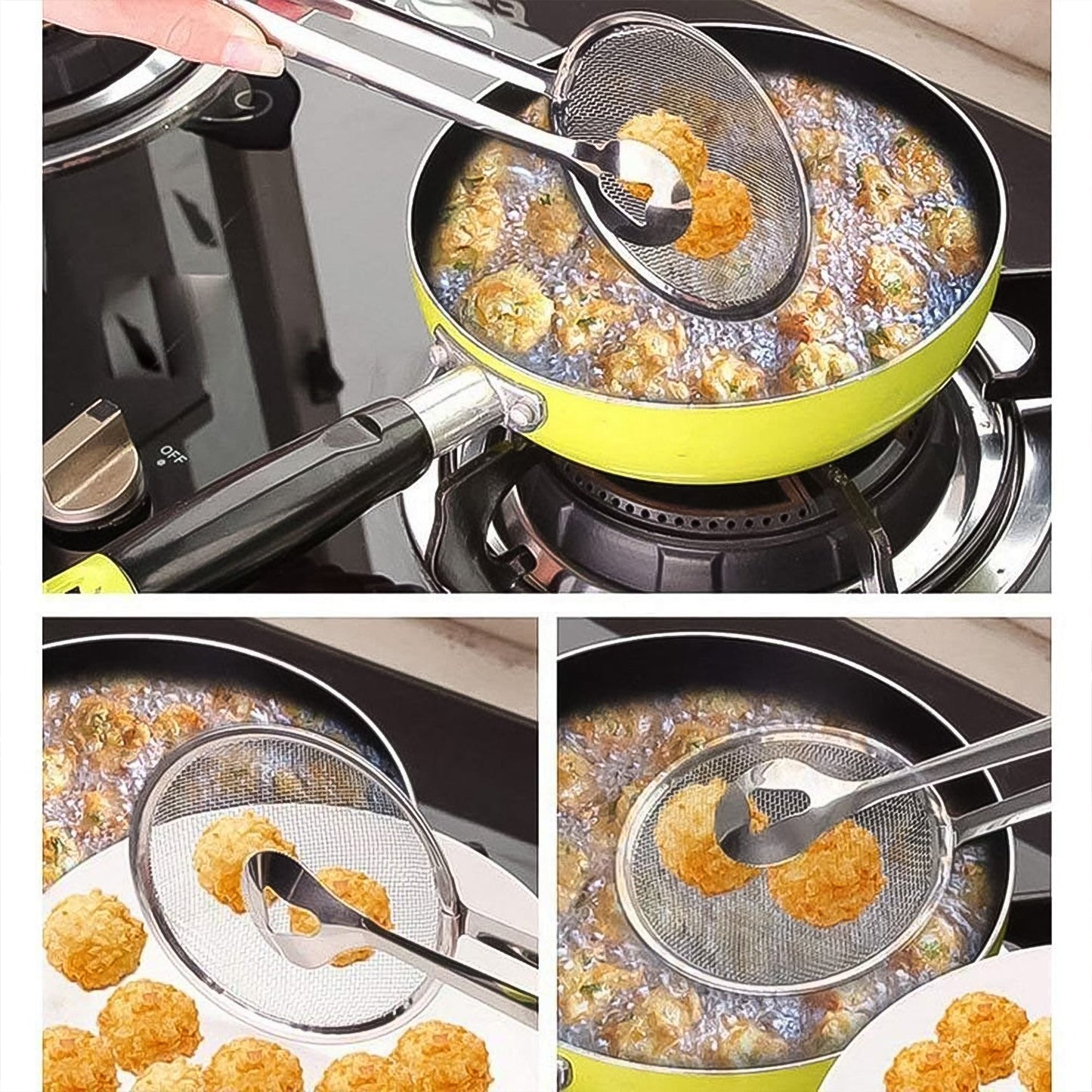 2 in 1 fry tool, stainless steel strainer spoon, cooking tongs with clip, oil filter spoon, BBQ tongs, multi-functional kitchen tool, frying strainer, mesh spoon for frying, food lifter with strainer, stainless steel kitchen tong, Indian kitchen fry tool