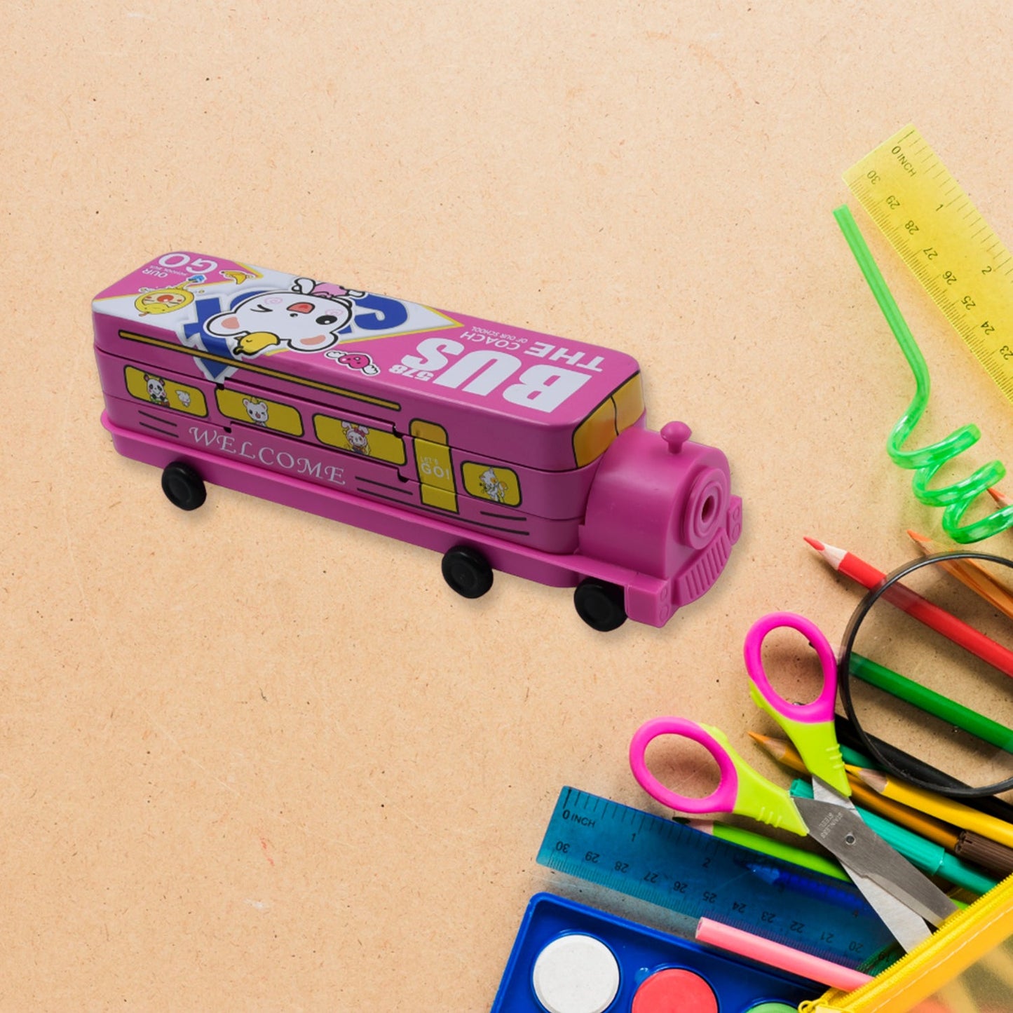 Double decker bus-shaped pencil case with sharpener. bus shape compass box, metal pencil case for kids, 2 layer kids compass box, sharpener pencil box, double decker bus stationery box, kids birthday gift