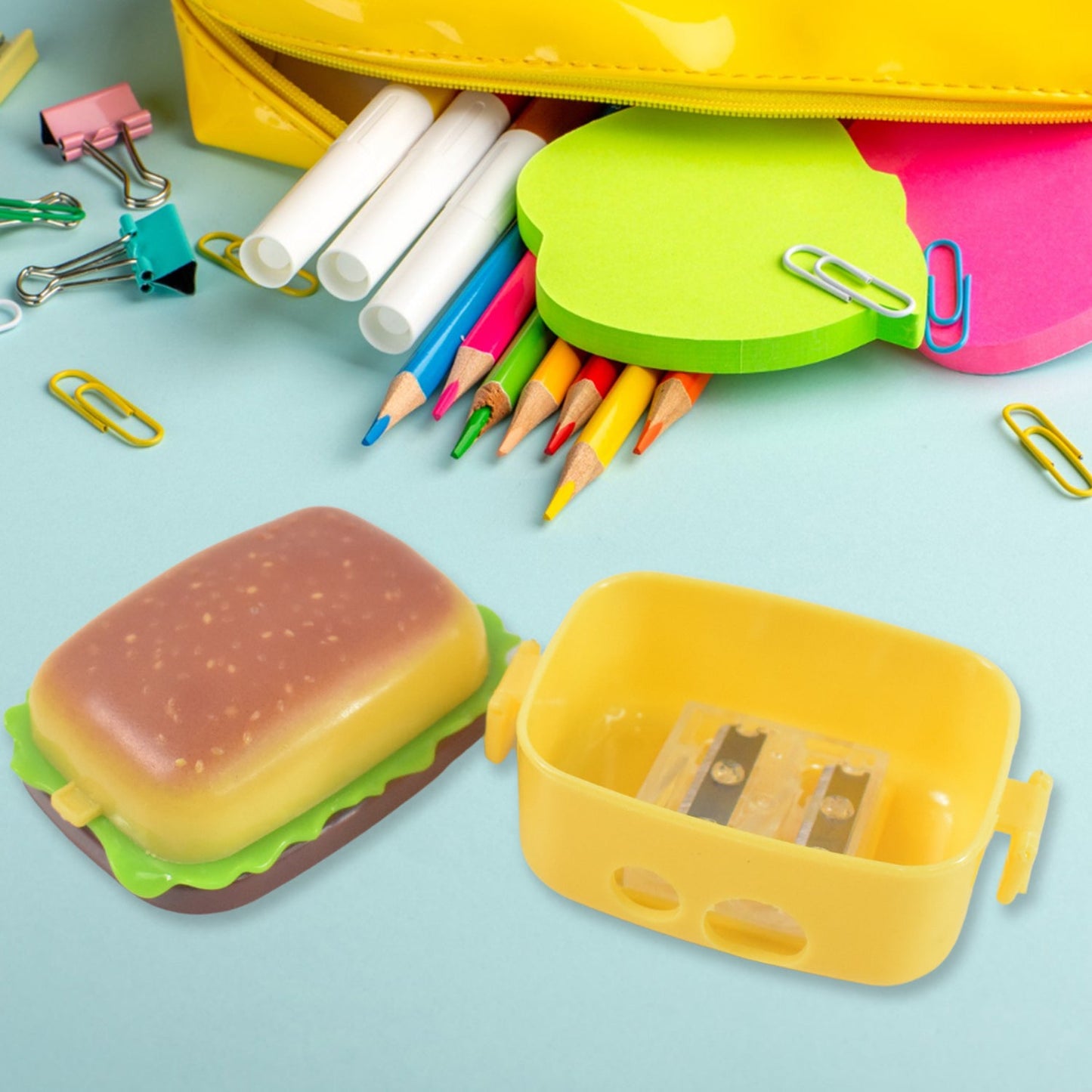 pencil sharpener for kids, cute pencil sharpener, burger shape sharpener, double hole pencil sharpener, sharpener with eraser, kids stationery set, cartoon pencil sharpener, fun pencil sharpener India, burger sharpener set, eraser and sharpener combo