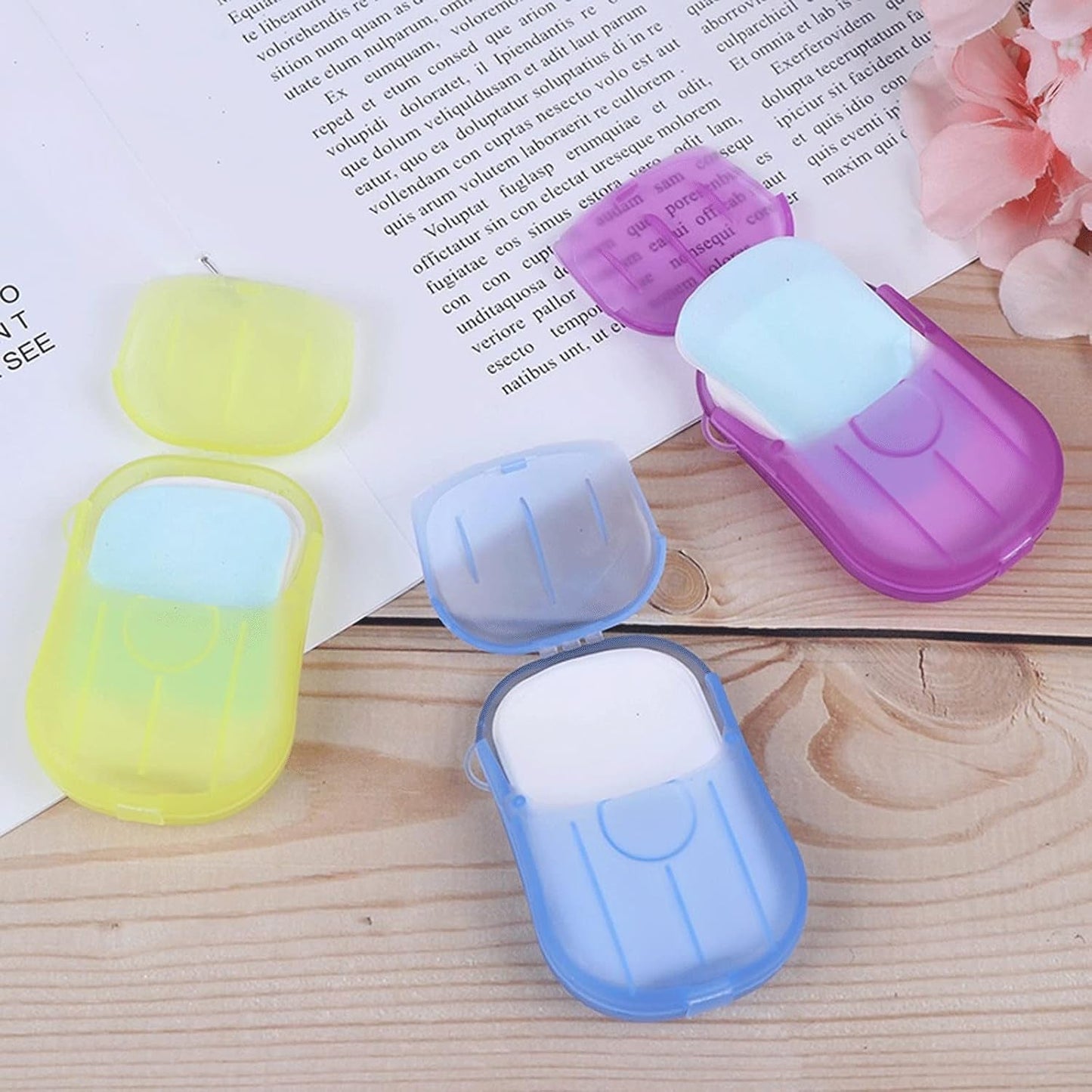 compact paper soap for hand cleaning, paper soap sheets for travel use, mix color mini soap sheet box